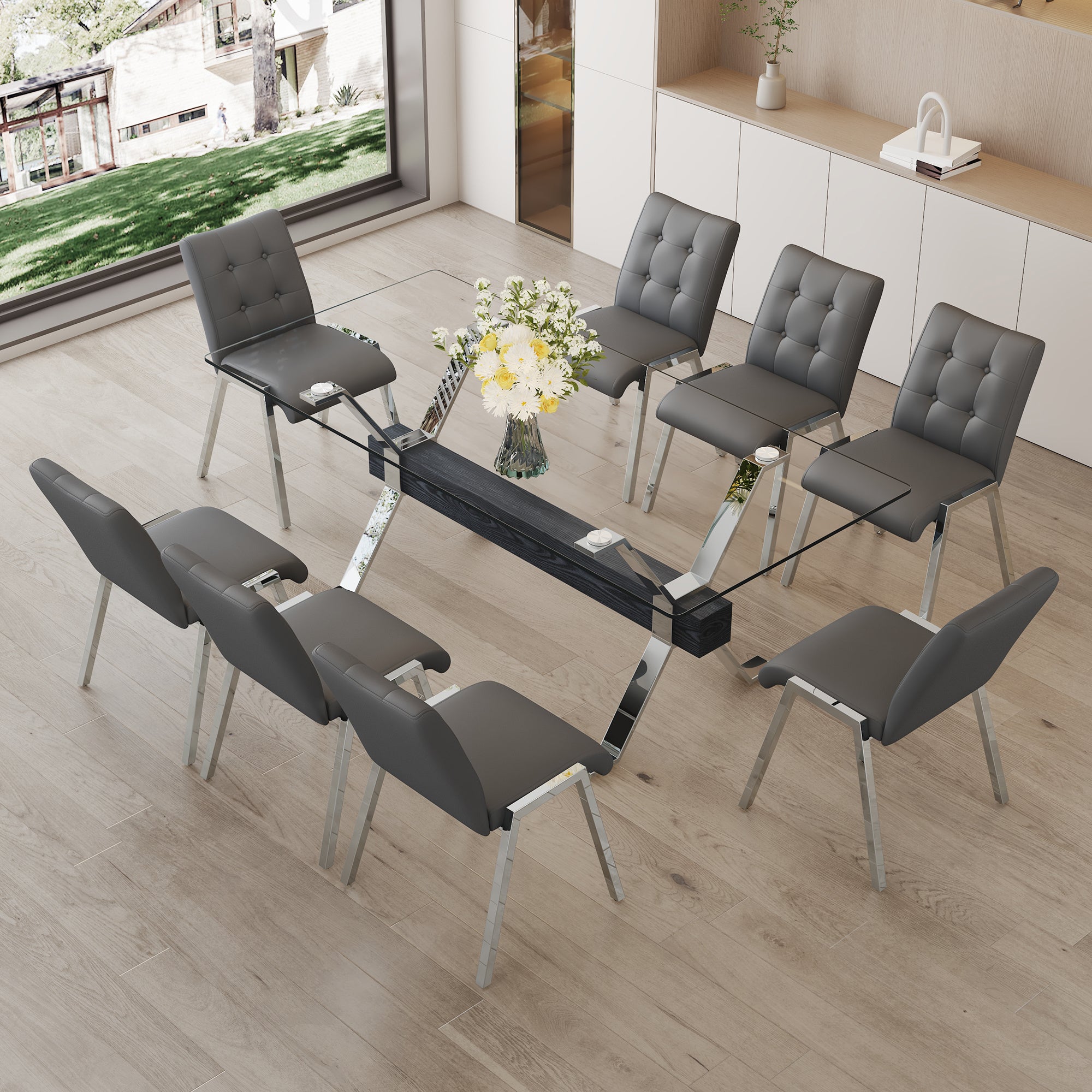Table and chair set, suitable for home and office use. Glass desktop with silver metal legs and MDF crossbar, paired with grey checkered armless high back dining chairs(1 table and 8 chairs)1105 0809