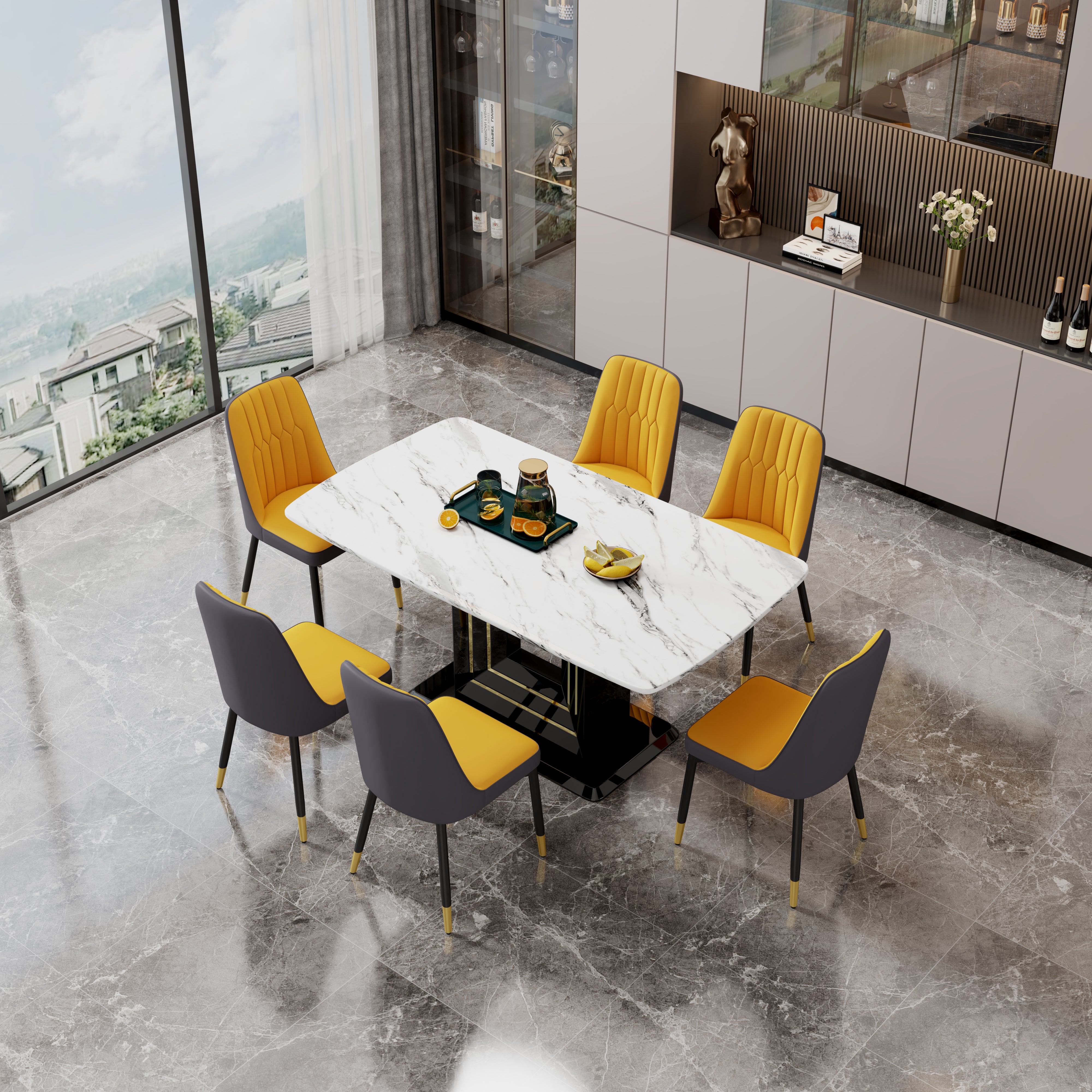 Table and chair set, 1 table, 6 PU chairs. White imitation marble pattern desktop. Black MDF table legs. Chair with orange deep gray dual tone PU leather backrest and black metal legs F-SQ C-007