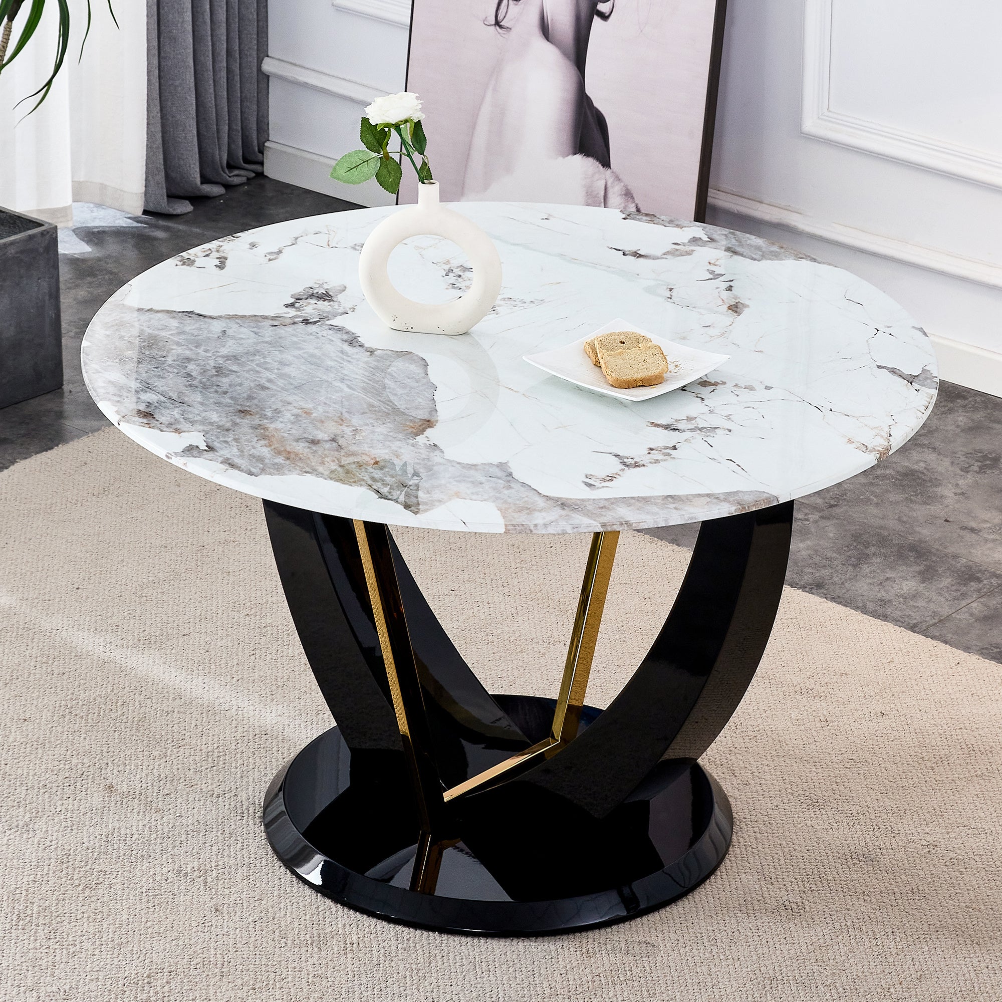 Modern minimalist circular glass tabletop with a diameter of 48 inches, paired with black MDF legs. Suitable for restaurants and living rooms.