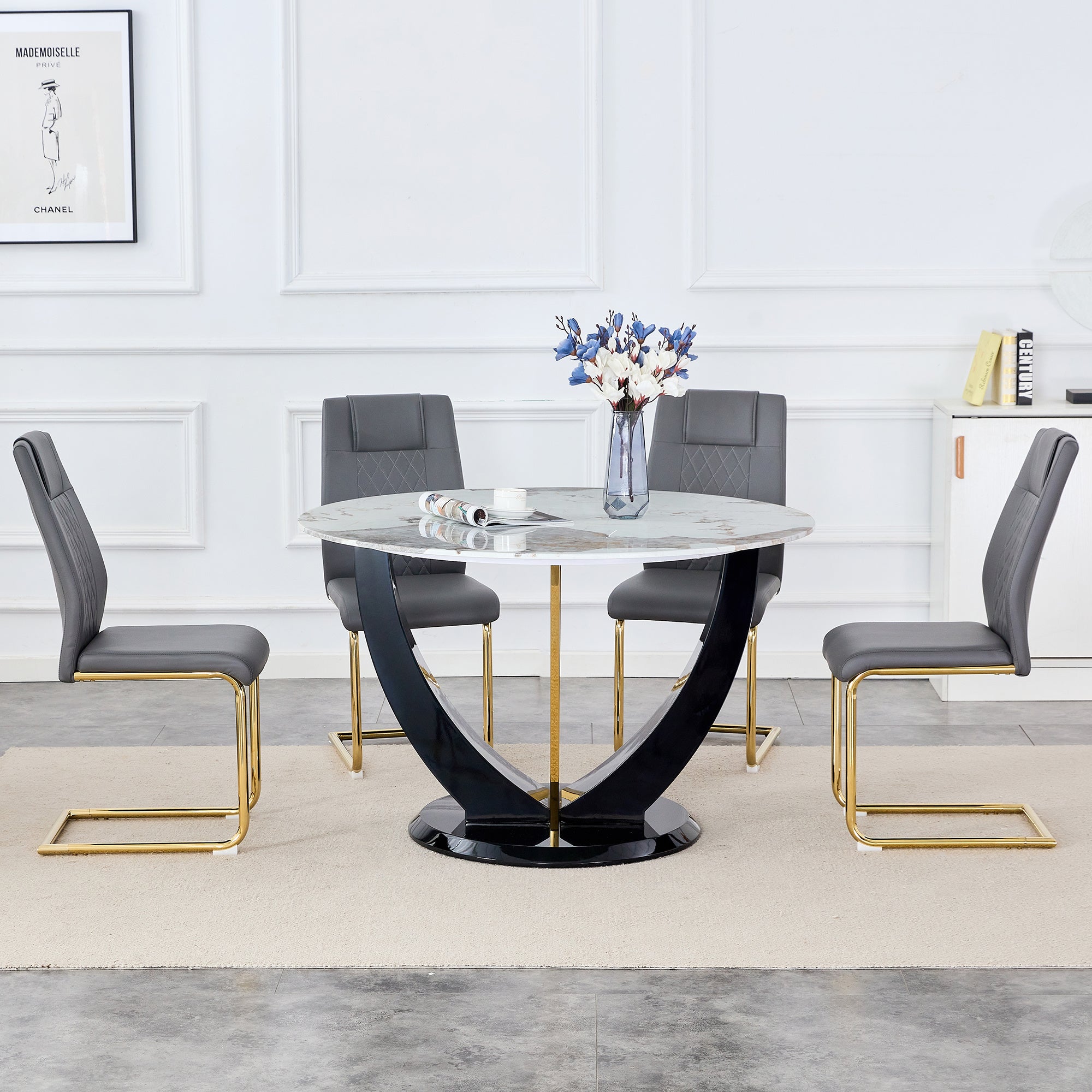 Table and chair set. 1 table and 4 chairs. Round Pandora style stone burning tabletop with black MDF legs. Paired with 4 chairs with PU grey cushions and golden legs.908 001