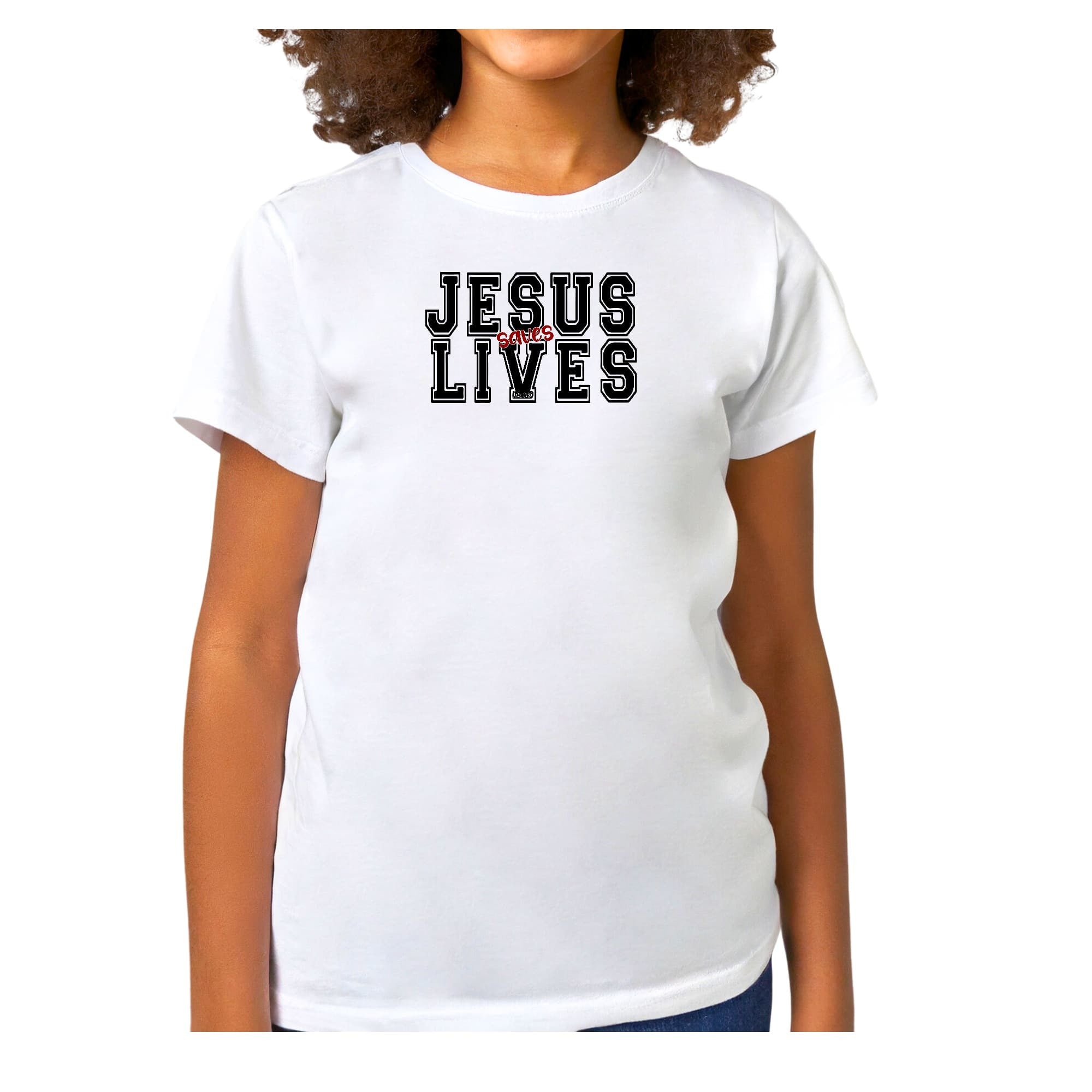 Girls T-shirt, Jesus Saves Lives Black Red Illustration