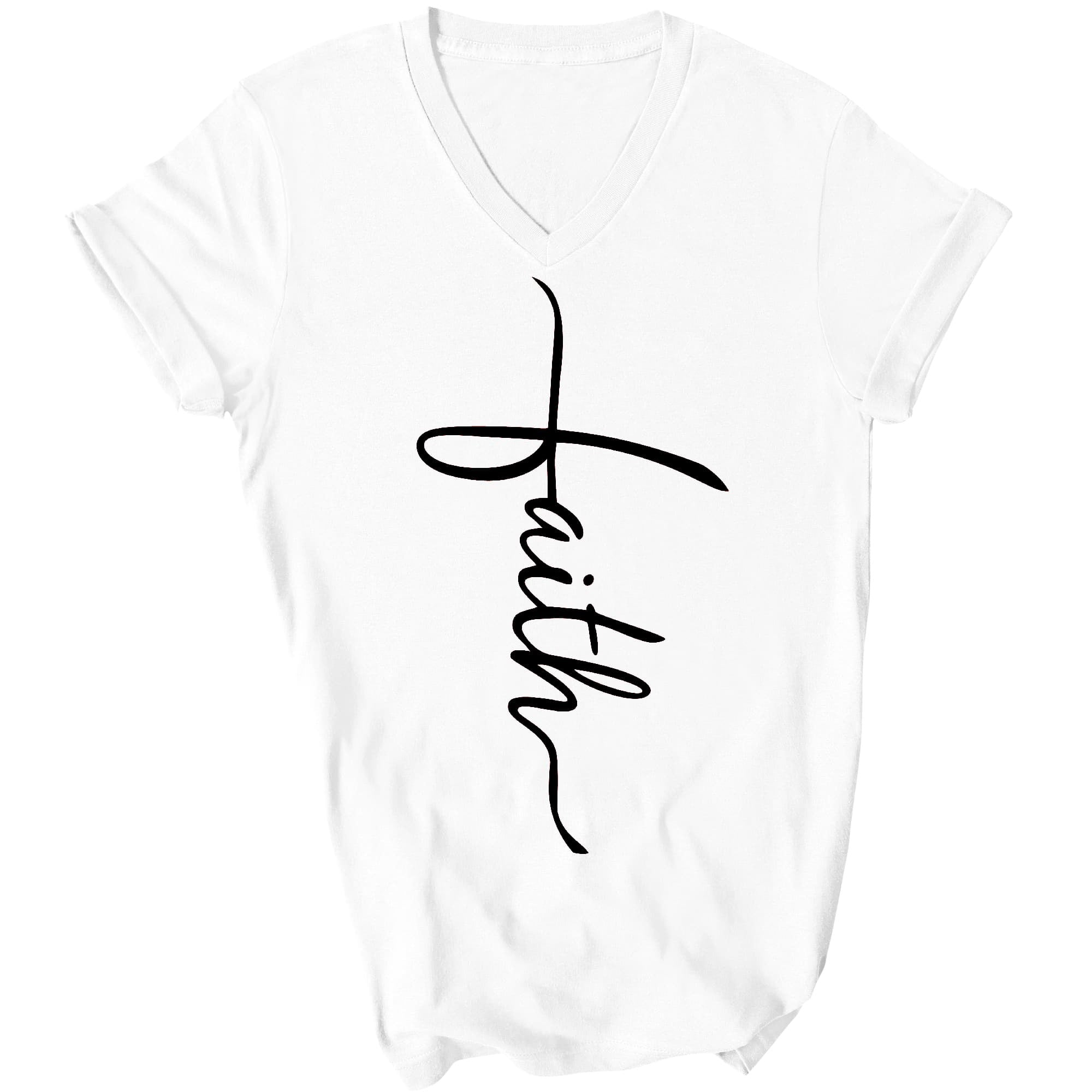 Faith Script Cross Black Illustration Graphic V-neck T-shirt