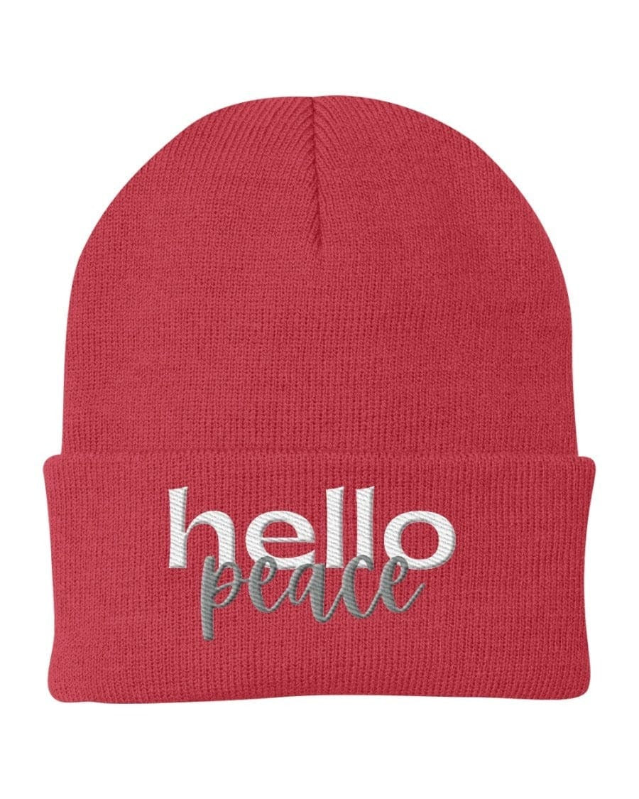 Beanie Knit Cap - Hello Peace Embroidered Hat / Yupoong / White Text