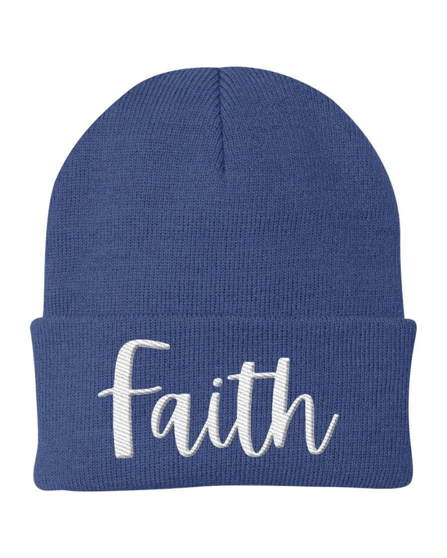 Beanie Knit Cap - Faith Embroidered Hat / White Text