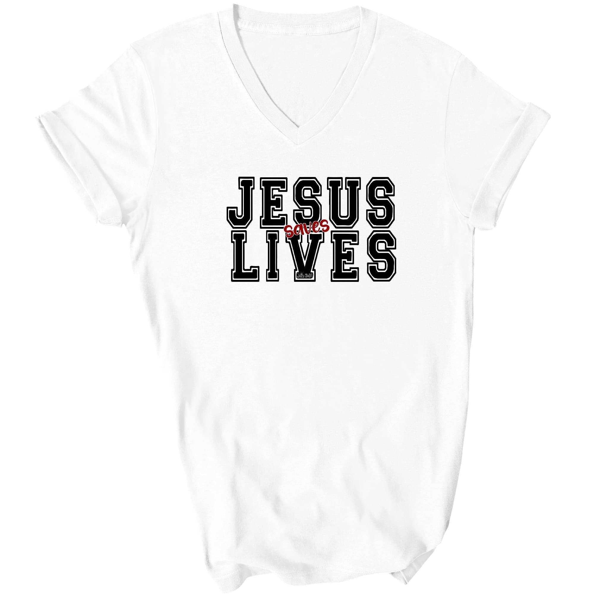 Jesus Saves Lives Black Red Illustration Graphic V-neck T-shirt