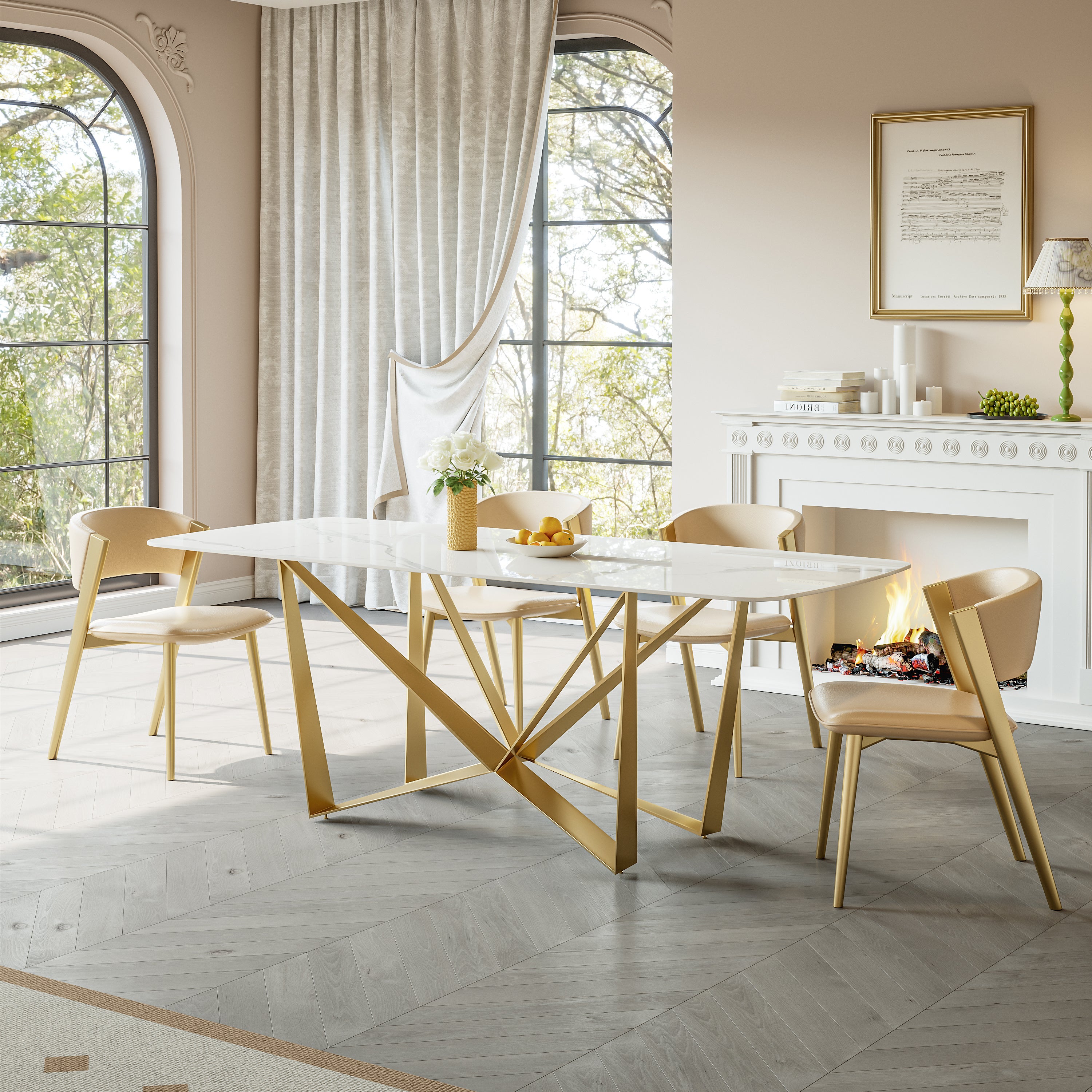 Titanium Gold Stainless Steel Dining Table with Polished Snow Mountain Stone Surface - Supports up to 91.5 kg