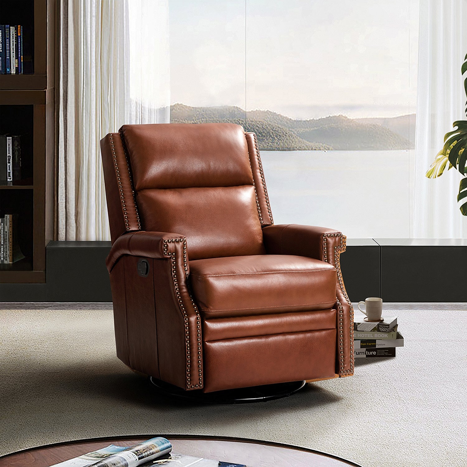 Louise Genuine Leather Swivel Rocker Recliner-BROWN