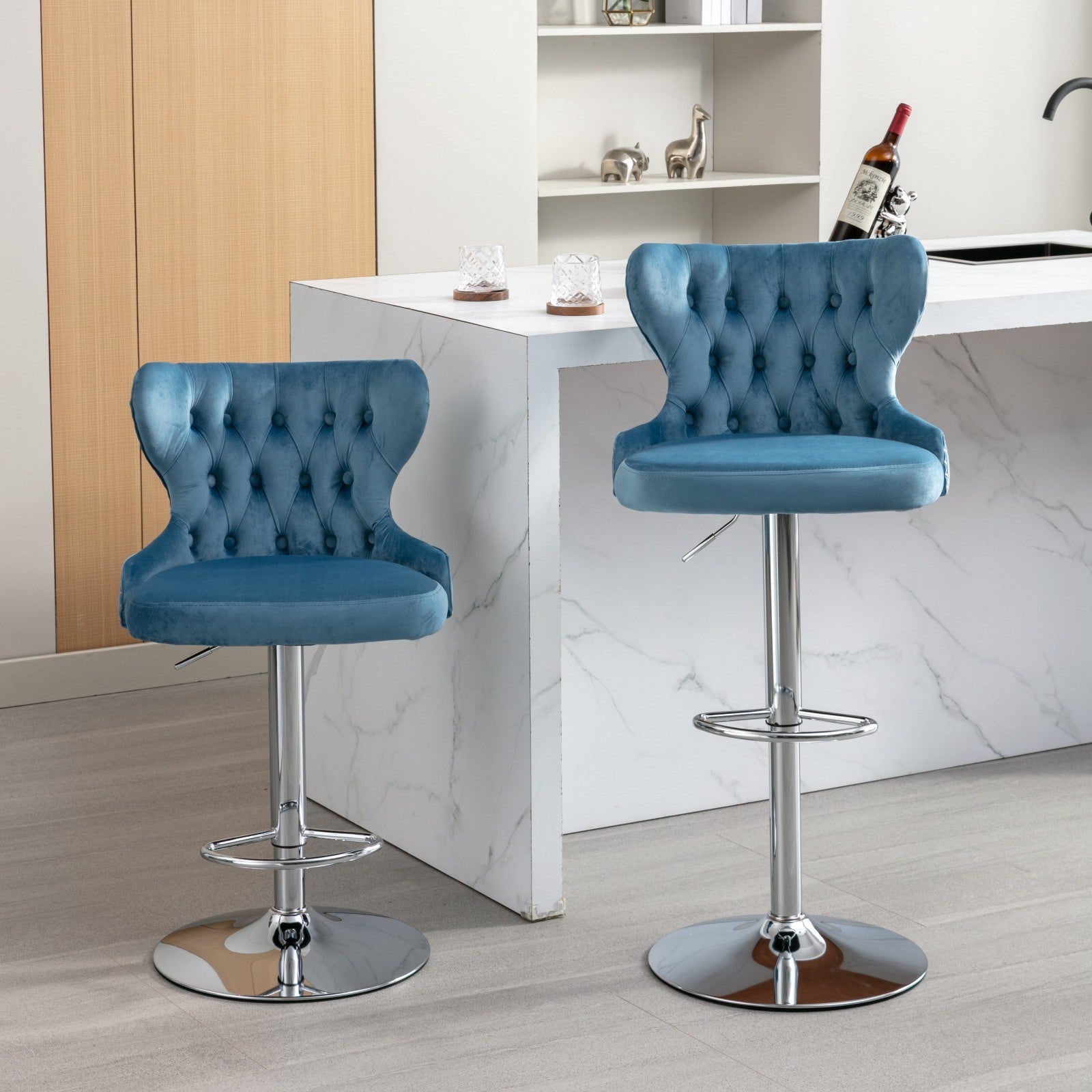 Swivel Velvet Barstools Adjusatble Seat Height from 25-33 Inch, Modern Upholstered Chrome base Bar Stools with Backs Comfortable Tufted for Home Pub and Kitchen Island,Light Blue, SW1844LB