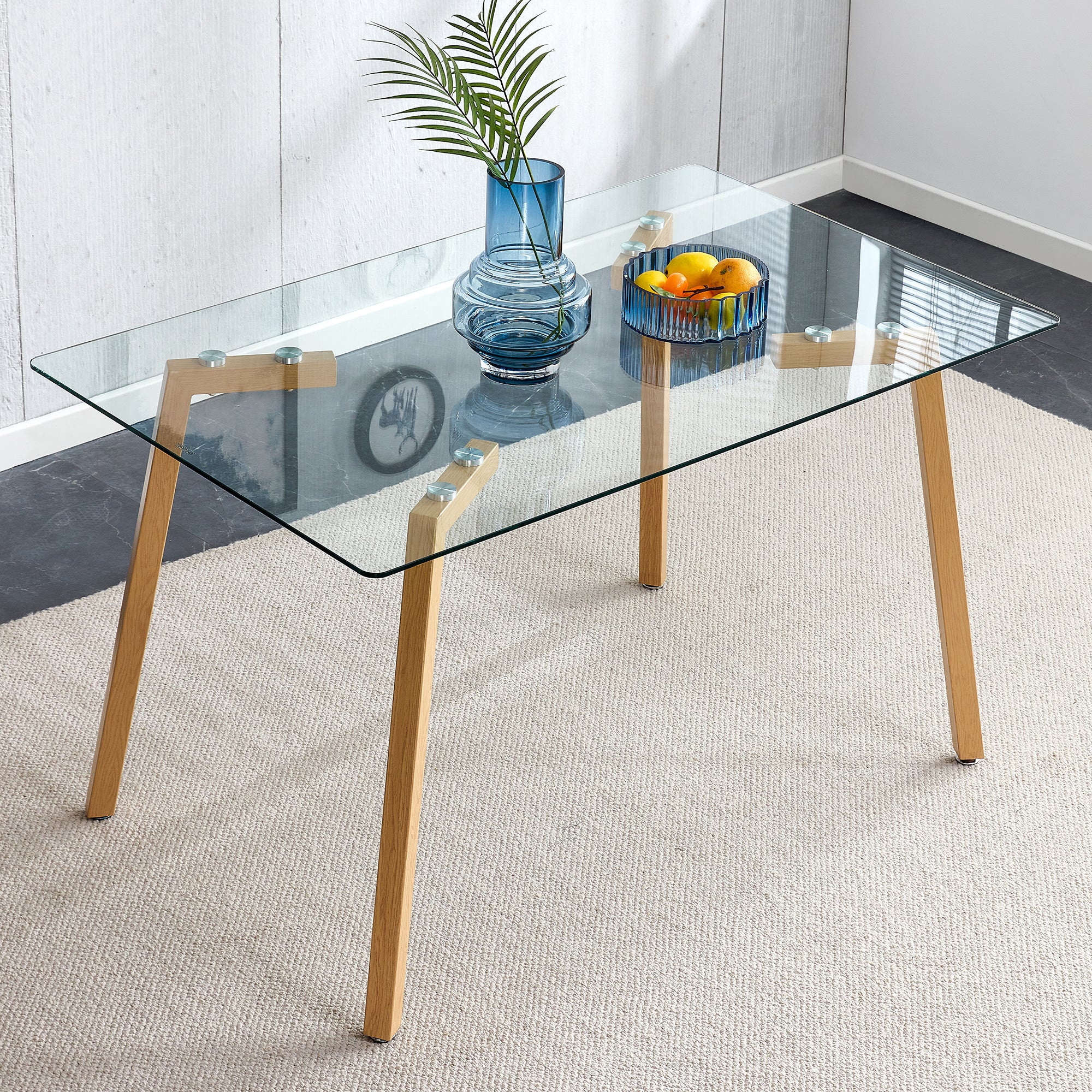 Glass dining table modern minimalist rectangle, 4-6, 0.31 "tempered glass tabletop with wooden coated metal legs, writing desk, suitable for kitchens, restaurants, and living rooms, 51" W x 31"D x 30"