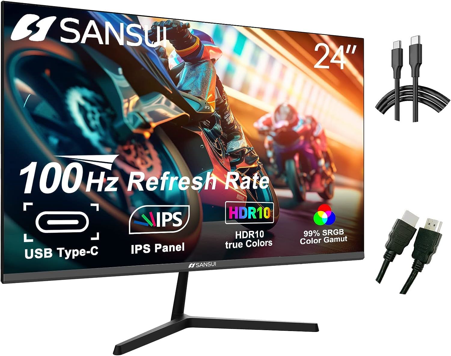 Sansui Monitor 24 inch FHD PC Monitor with USB Type-C, Built-in Speakers Earphone, Ultra-Slim Ergonomic Tilt Eye Care 75Hz with HDMI VGA for Home Office (ES-24F1 Type-C Cable & HDMI Cable Included)