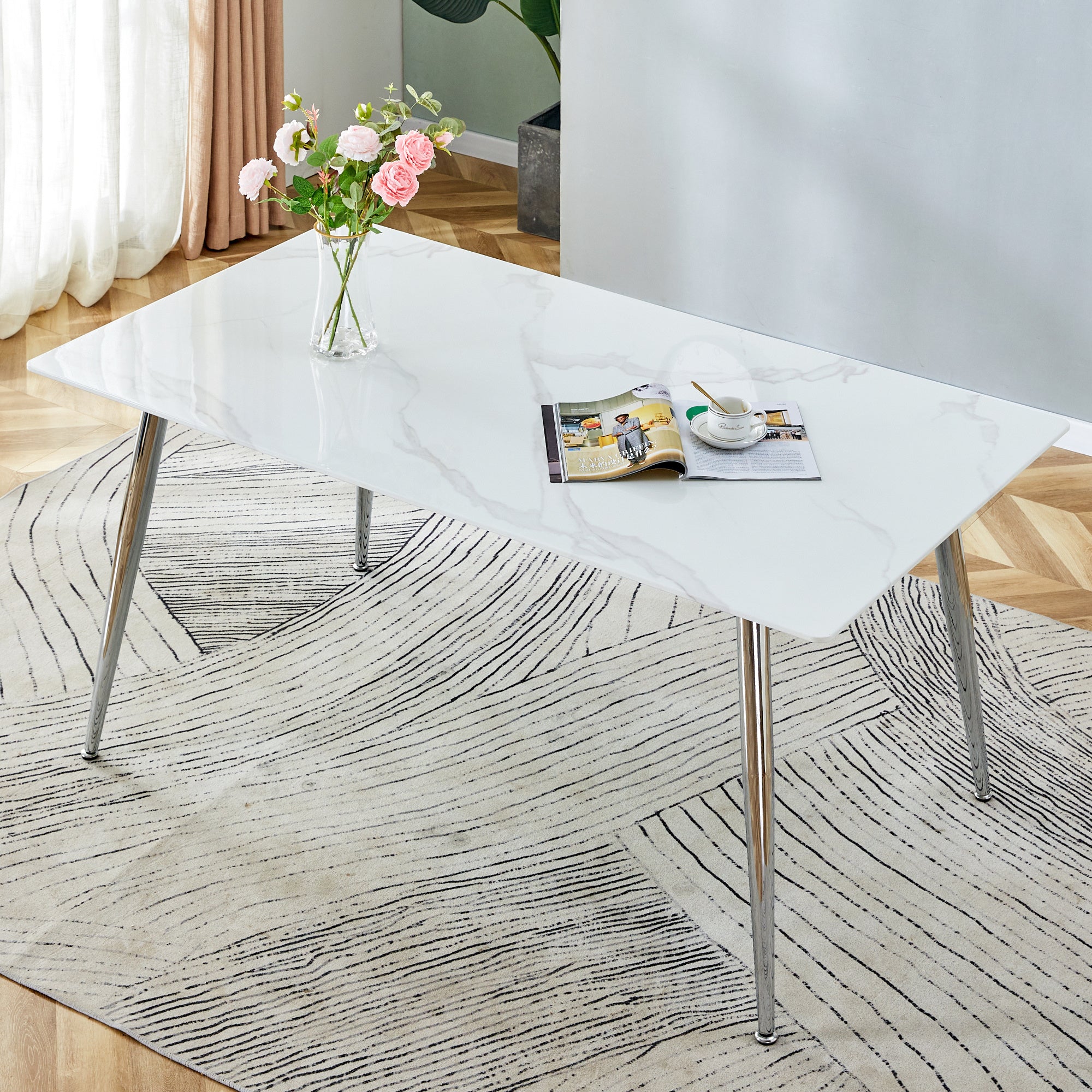 Modern minimalist rectangular dining table with 0.4 inch white imitation marble tabletop and silver metal legs, suitable for kitchens, restaurants, and living rooms 63"*35.4"*30"DT-1544