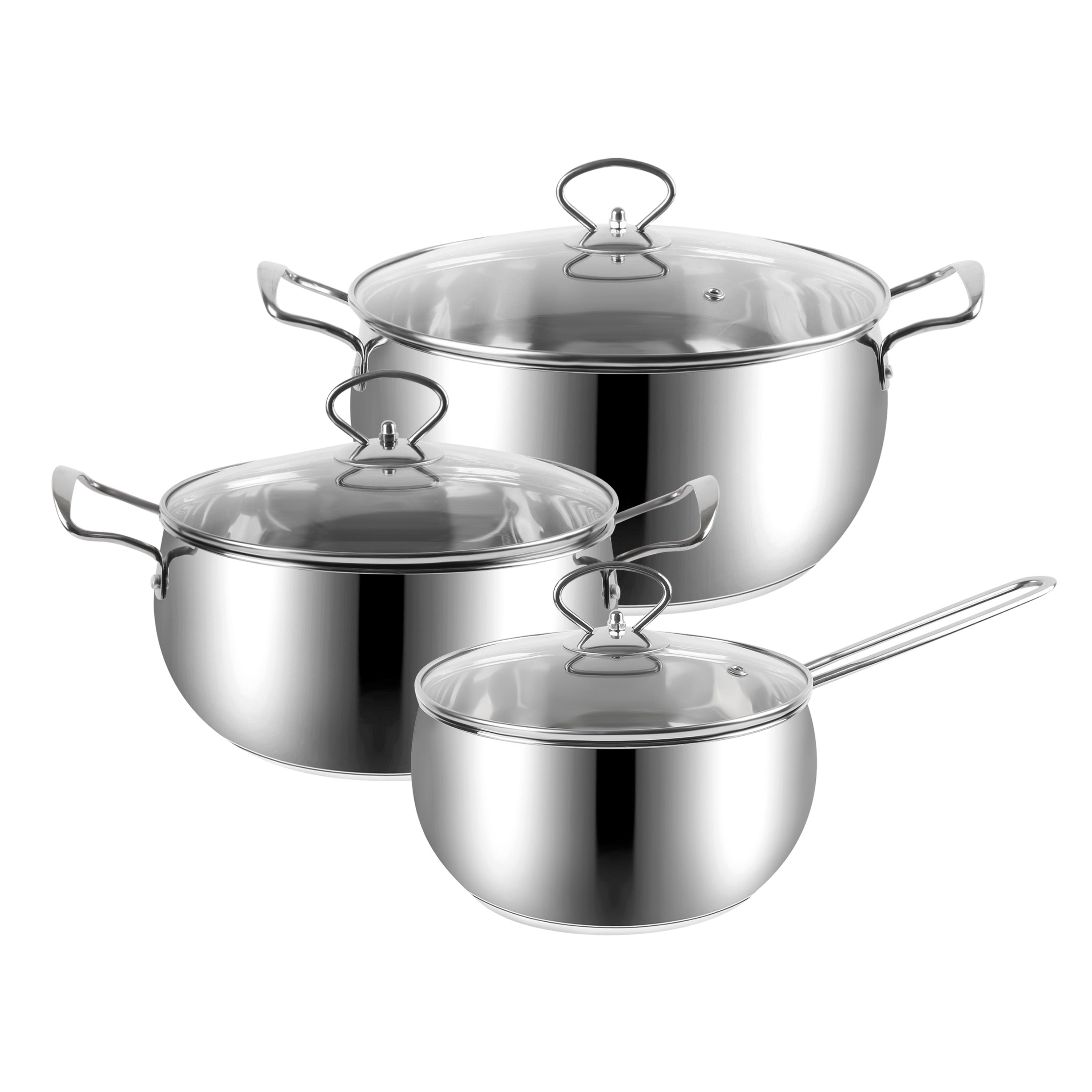 Sleek Stainless Steel 6-Piece Cookware Set: Mirror Polished Interior and Exterior, 0.5mm Thickness, G-Type Glass Lids, Induction Ready with Aluminum and SS430# Bottom Plate