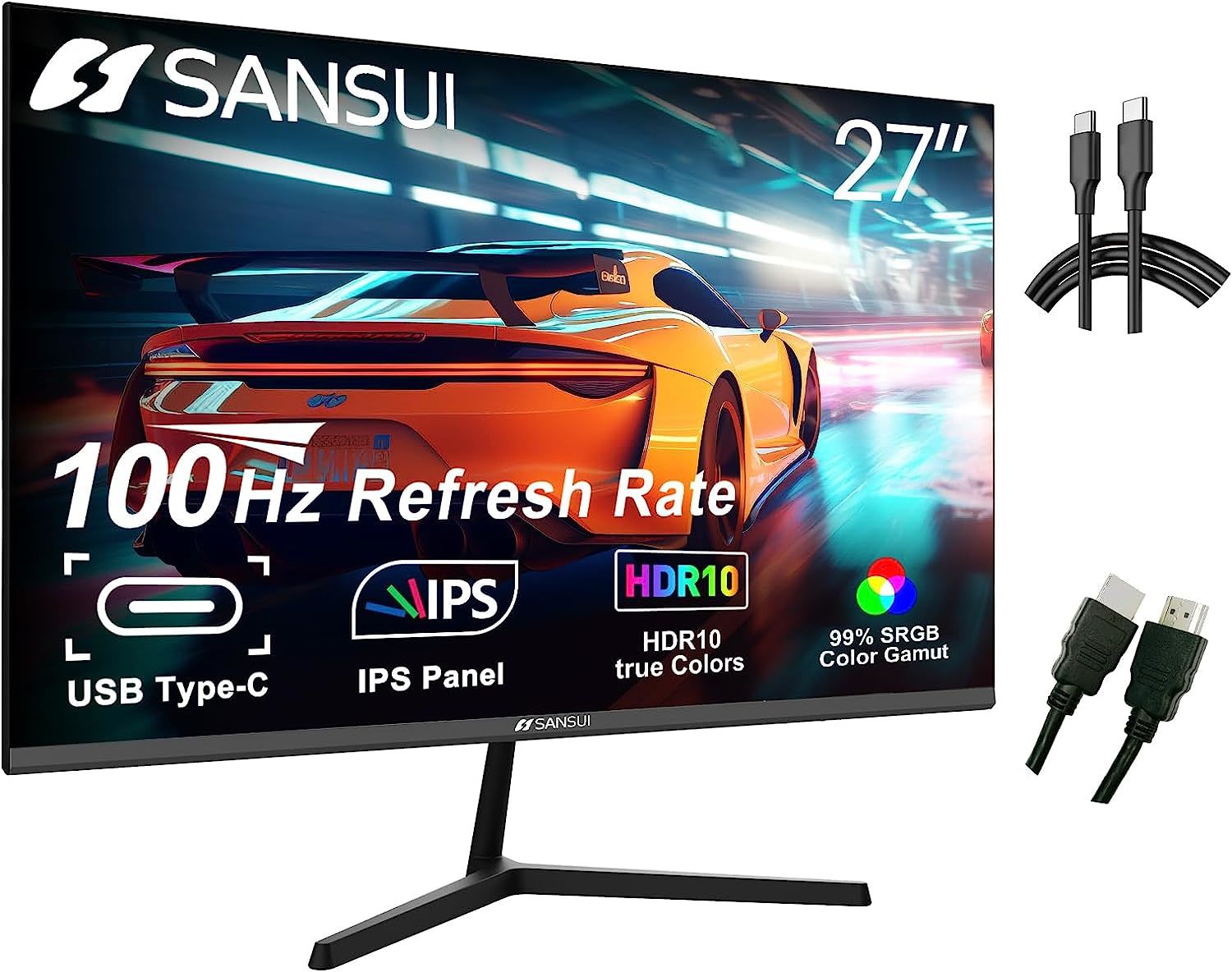 Sansui Computer Monitors 27 inch 100Hz IPS USB Type-C FHD 1080P HDR10 Built-in Speakers HDMI DP Game RTS/FPS tilt Adjustable for Working and Gaming (ES-27X3 Type-C Cable & HDMI Cable Included)