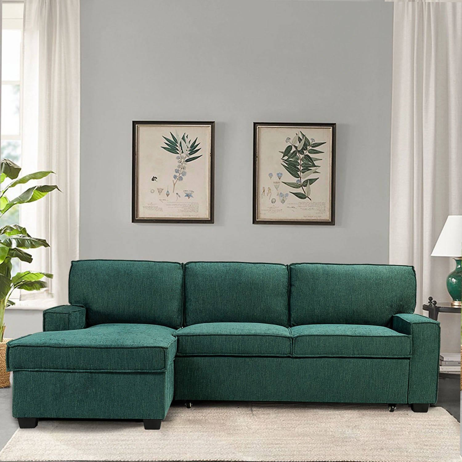 Celadon Pull Out Sleeper Sofa & Chaise-TEAL