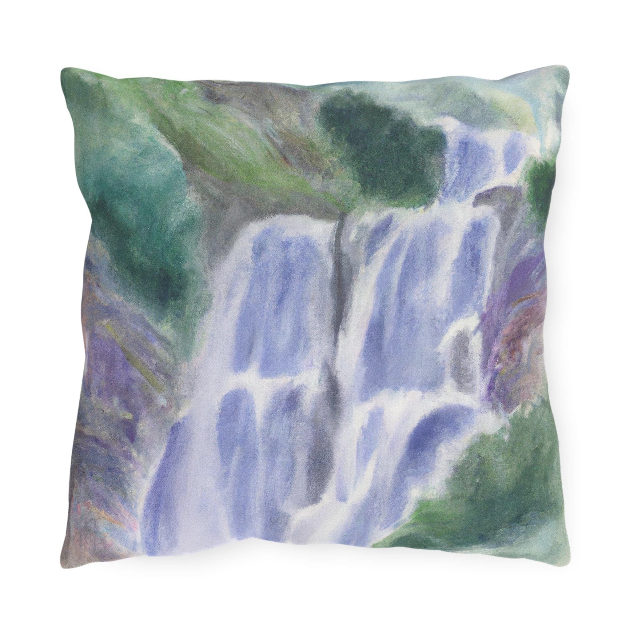 Decorative Outdoor Pillows With Zipper - Set Of 2, Purple Watercolor Waterfall Green Landscape Nature Print