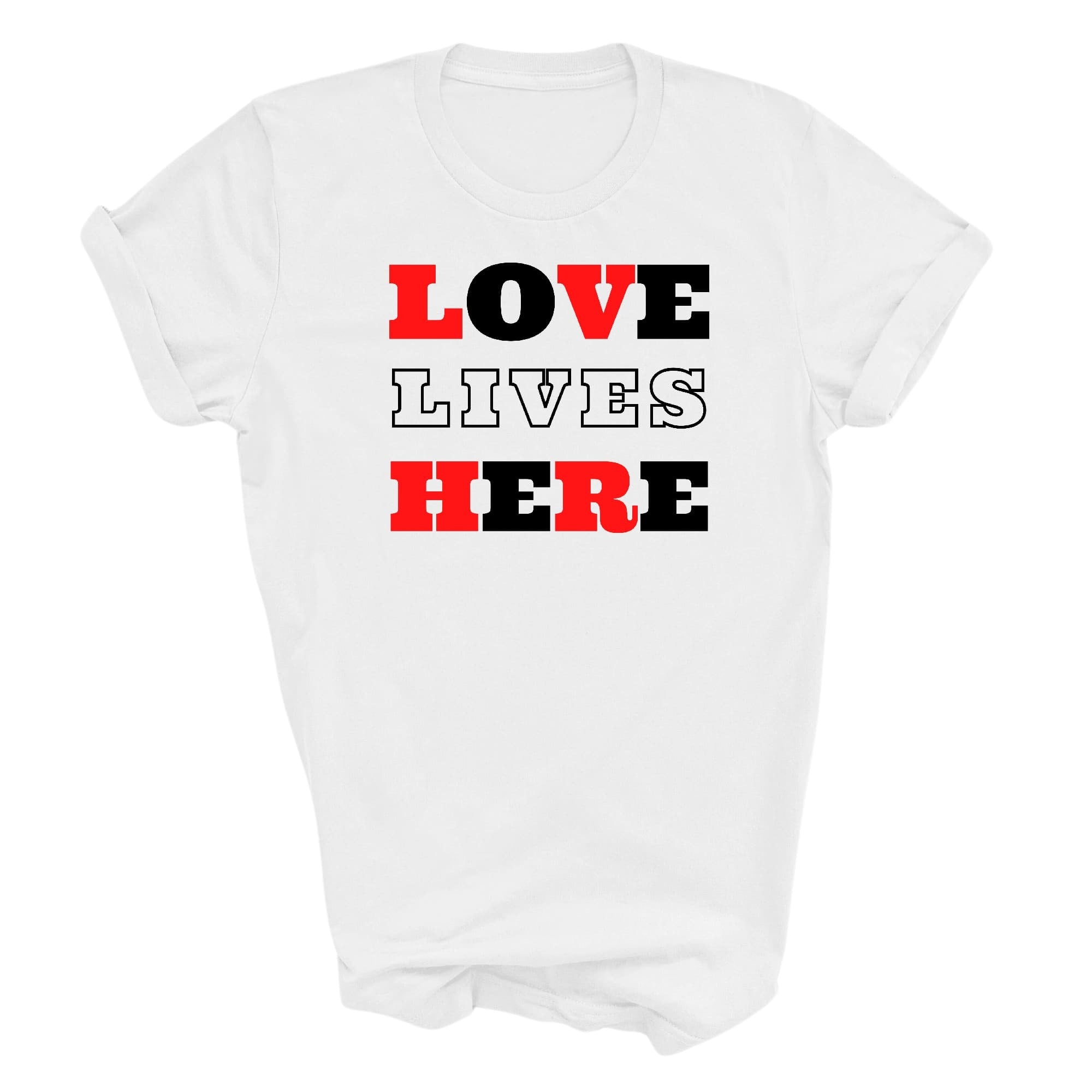 Graphic Tee T-shirt Love Lives Here Christian Red Black Illustration