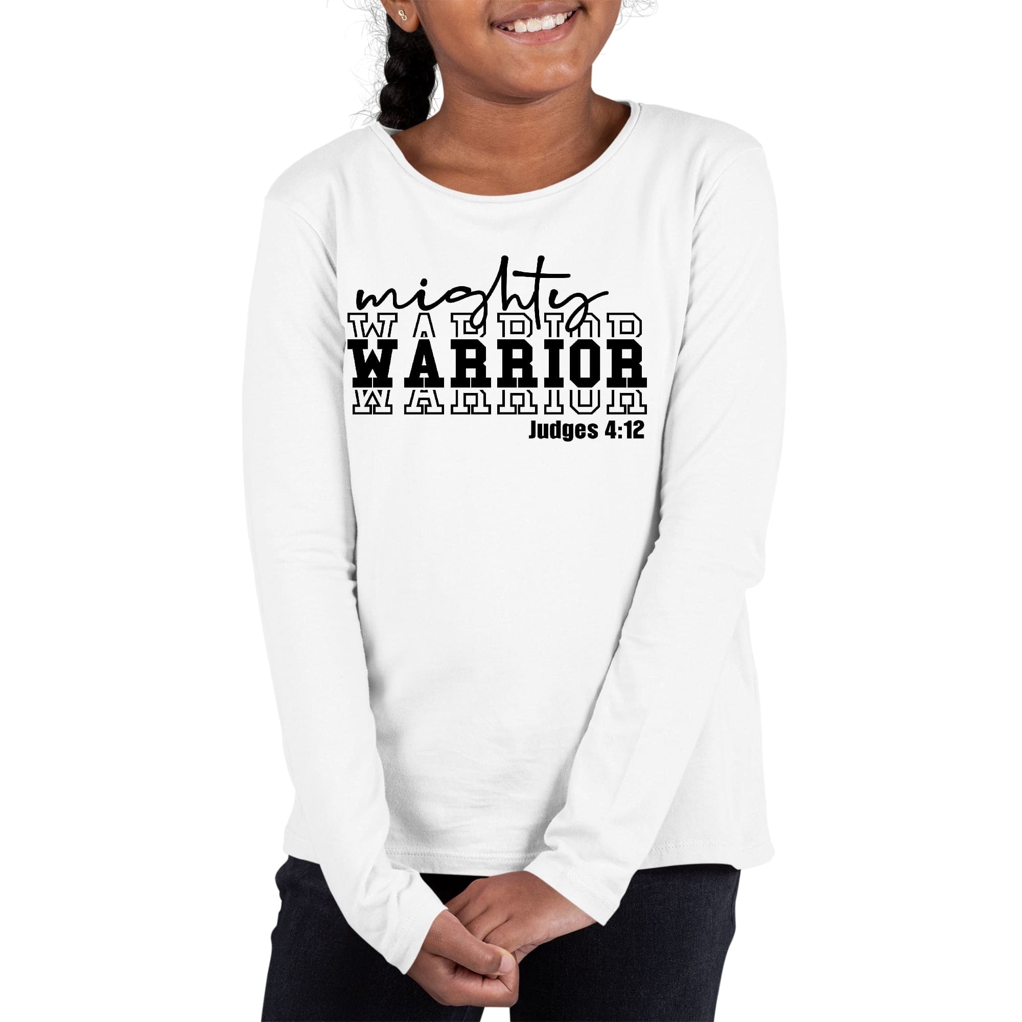 Girls Graphic T-shirt, Mighty Warrior Black Illustration
