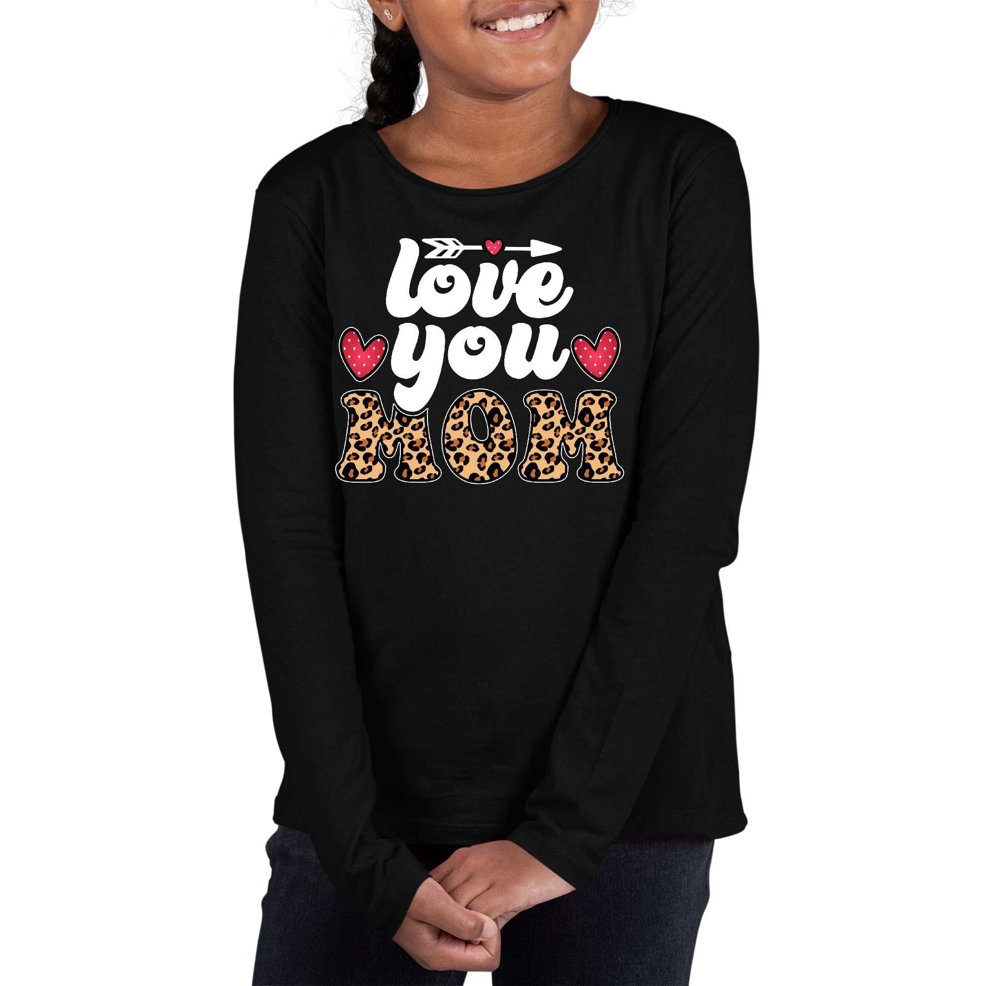 Girls Graphic T-shirt, Love You Mom Leopard Print Illustration