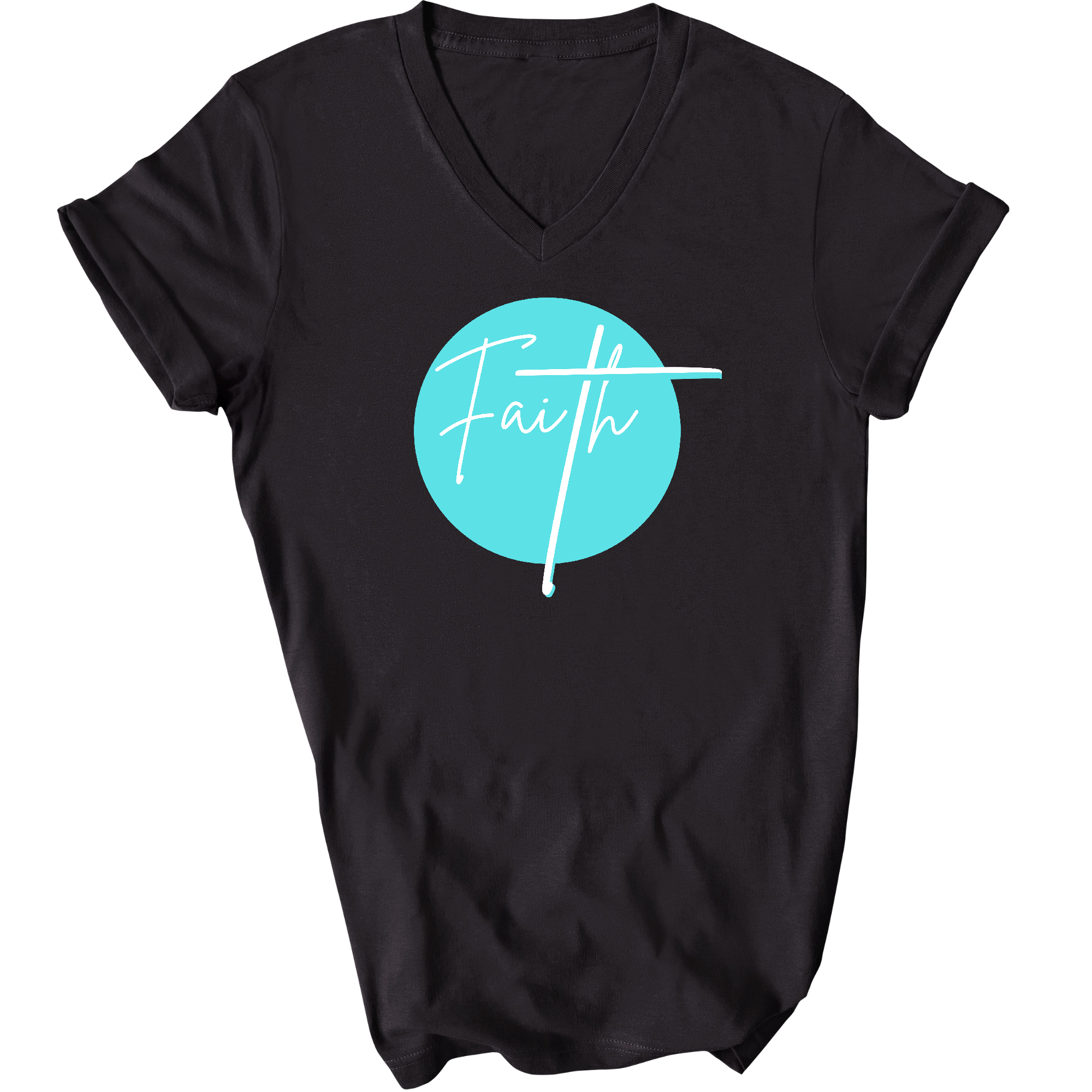 Faith - Christian Affirmation - Cyan Blue And White Mens V-Neck