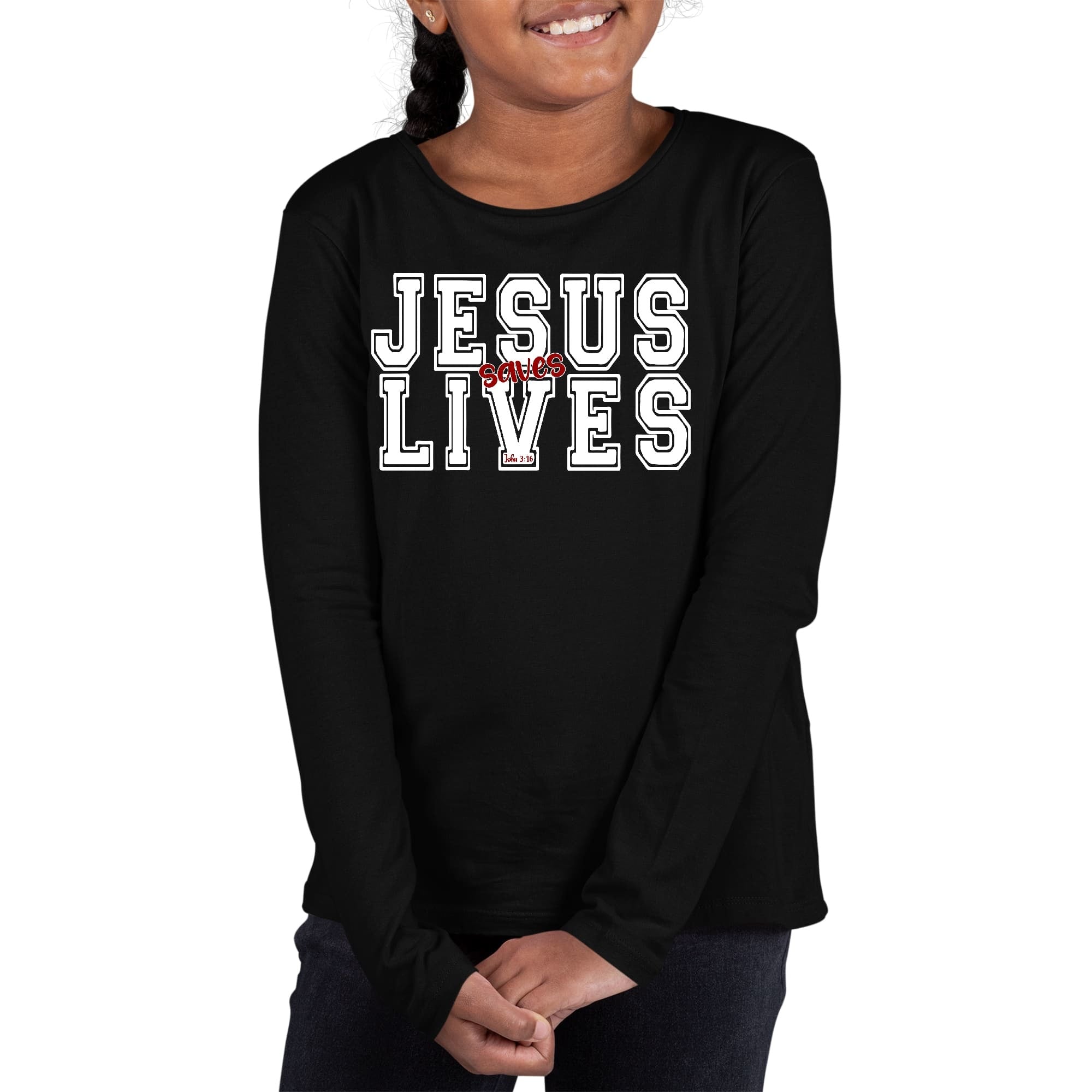 Girls Graphic T-shirt, Jesus Saves Lives White Red Illustration