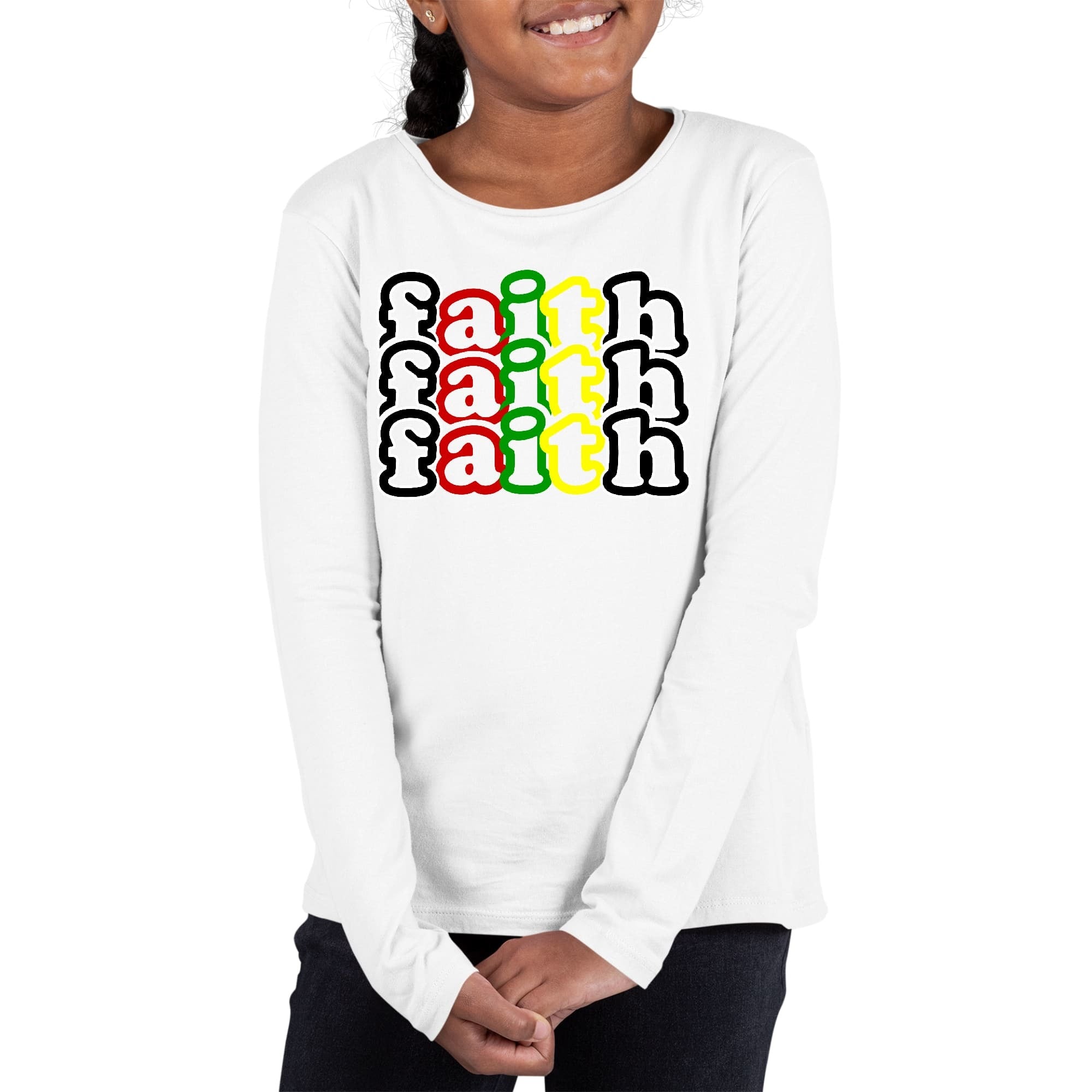 Girls Graphic T-shirt, Faith Stack Multicolor Black Illustration