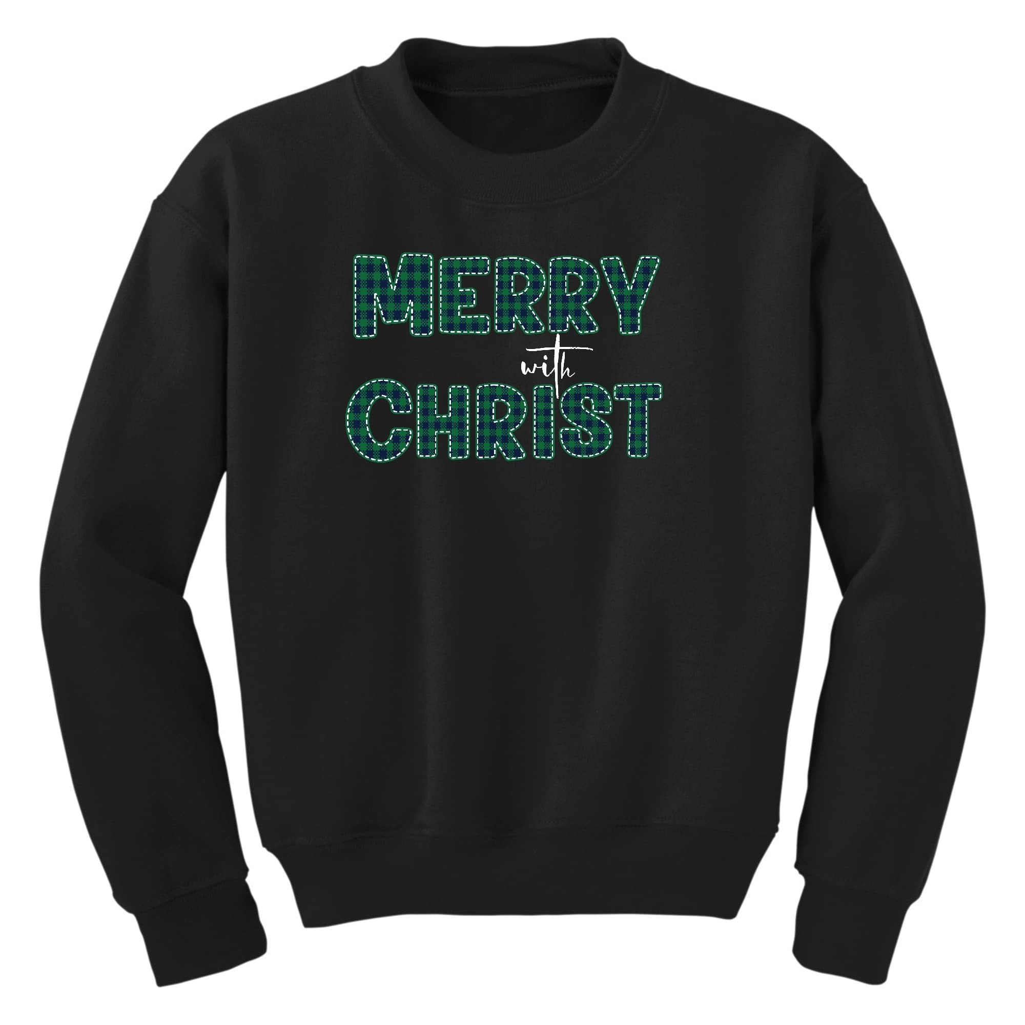 Girls Graphic Sweatshirt, Merry With Christ, Green Plaid Christmas