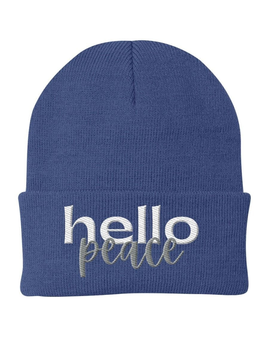 Beanie Knit Cap - Hello Peace Embroidered Hat / White Text