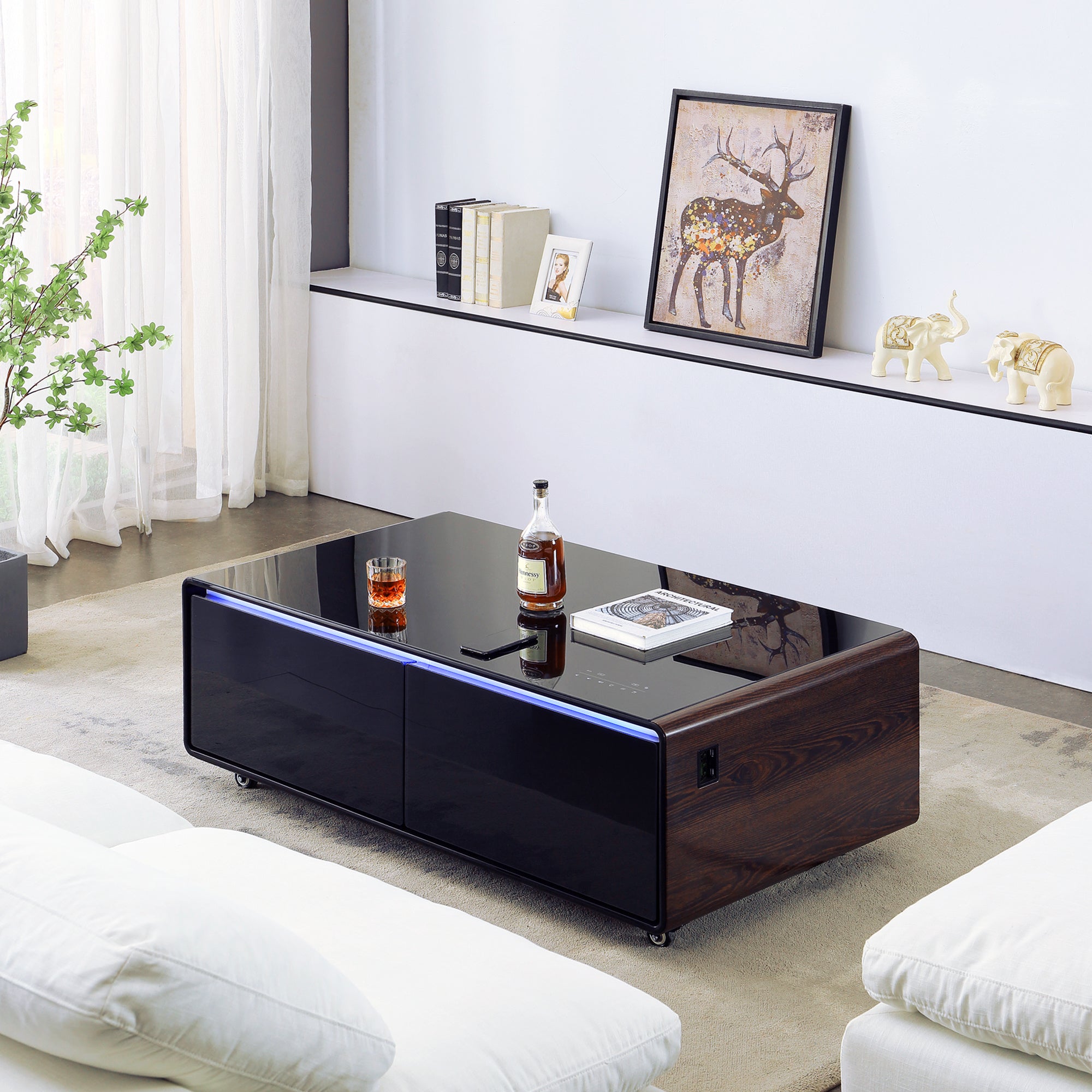 Smart Table Fridge, Multifunctional Coffee Table, Tempered Glass Table Top and Back Storage