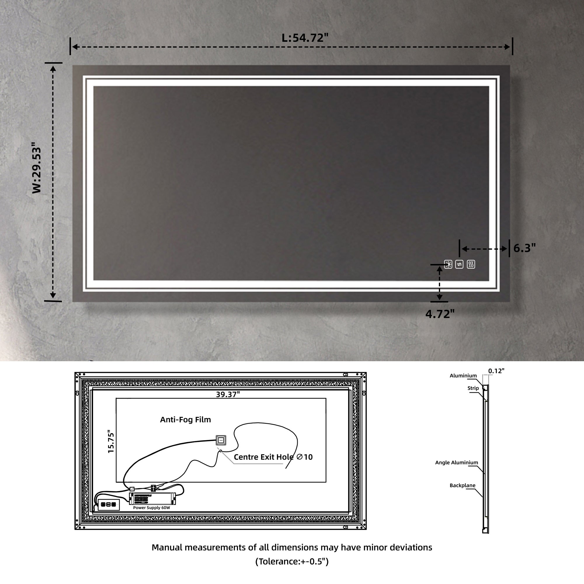 55*30 inch Bathroom LED mirror Anti- fog mirror with button