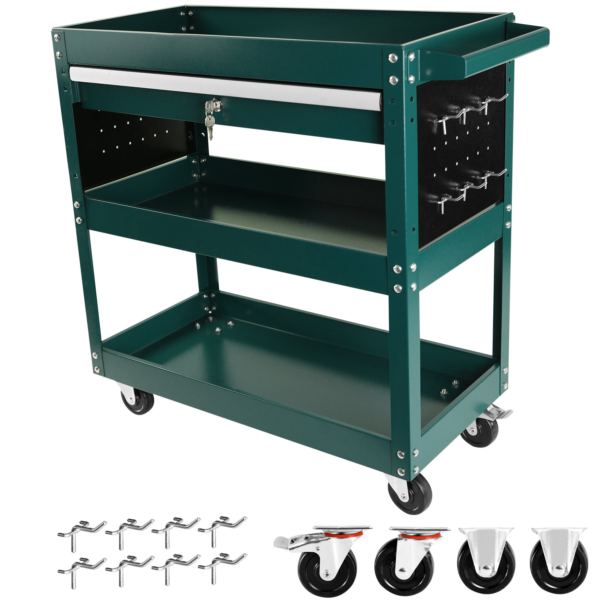 3 Tier Rolling Tool Cart, Heavy Duty Utility Cart Tool Organizer with Storage Drawer, Industrial Commercial Service Tool Cart for Mechanics, Garage, Warehouse & Repair Shop