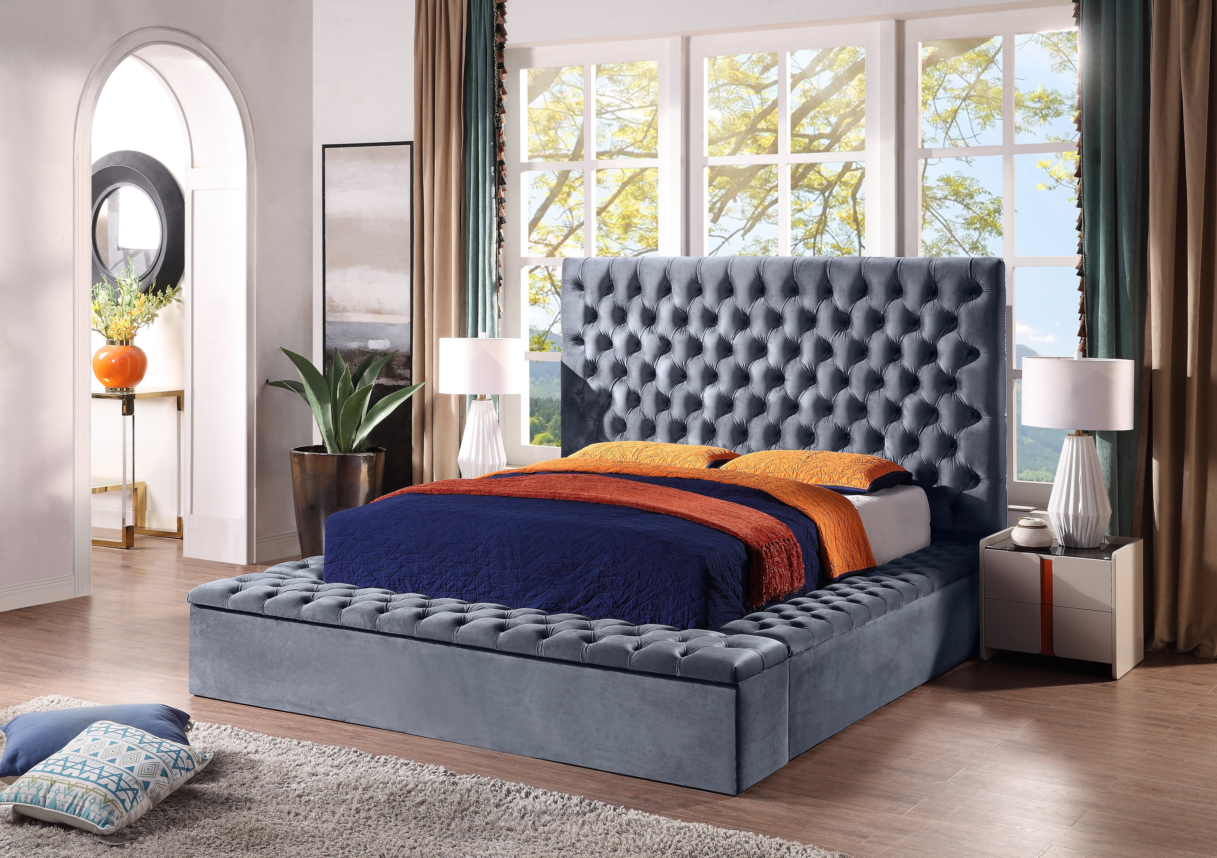 Contemporary Velvet Upholstered Bed with Storage Locker, Deep Button Tufting, Solid Wood Frame, High-density Foam, Queen Size