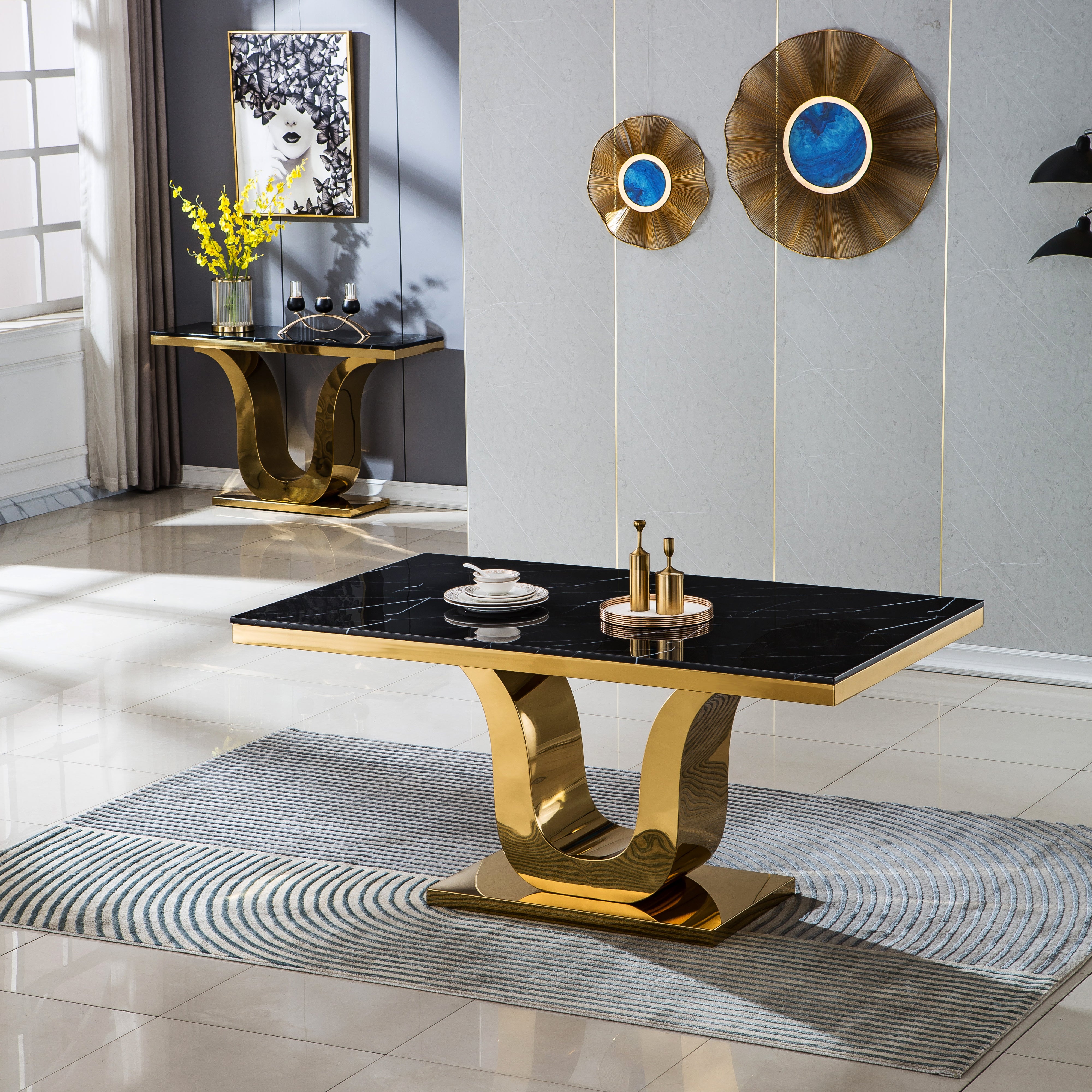 Modern Rectangular Marble Dining Table, 0.71" Thick Marble Top, U Shape Stainless Steel Base with Gold Finish, Size:64"Lx38"Dx30"H(Not Including Chairs)