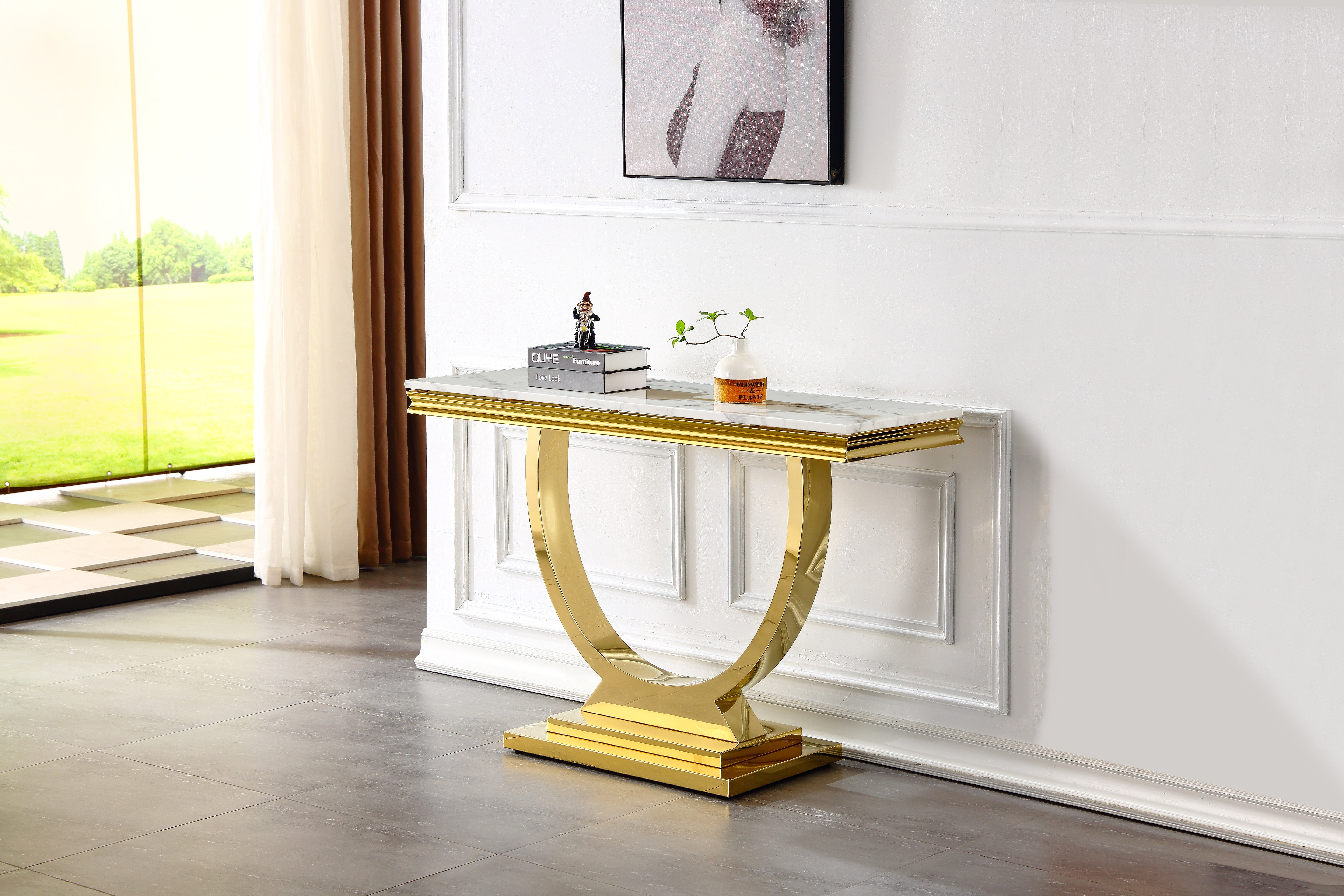 Modern Rectangular White Marble Console Table, 0.71" Thick Marble Top, U-Shape Stainless Steel Base with Gold Mirrored Finish