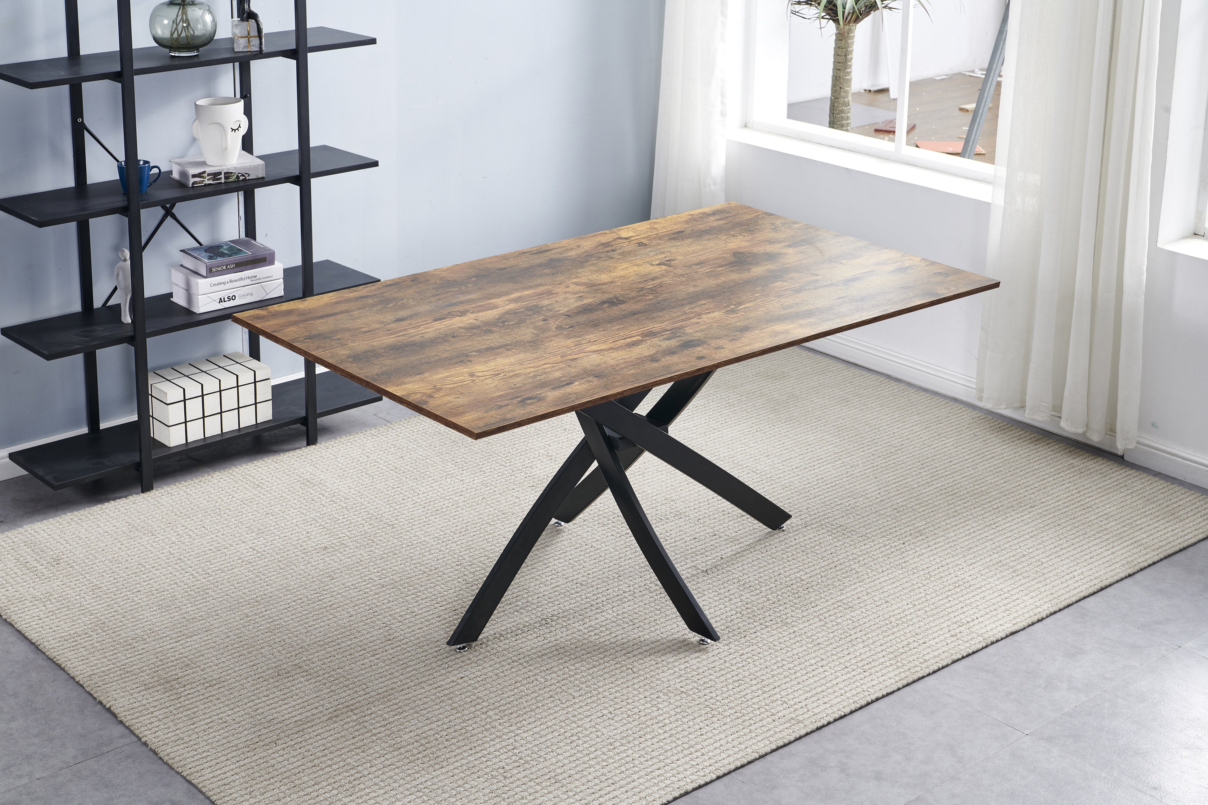 Rectangle MDF Dining Table, Printed Walnut Table Top and Black Metal Base