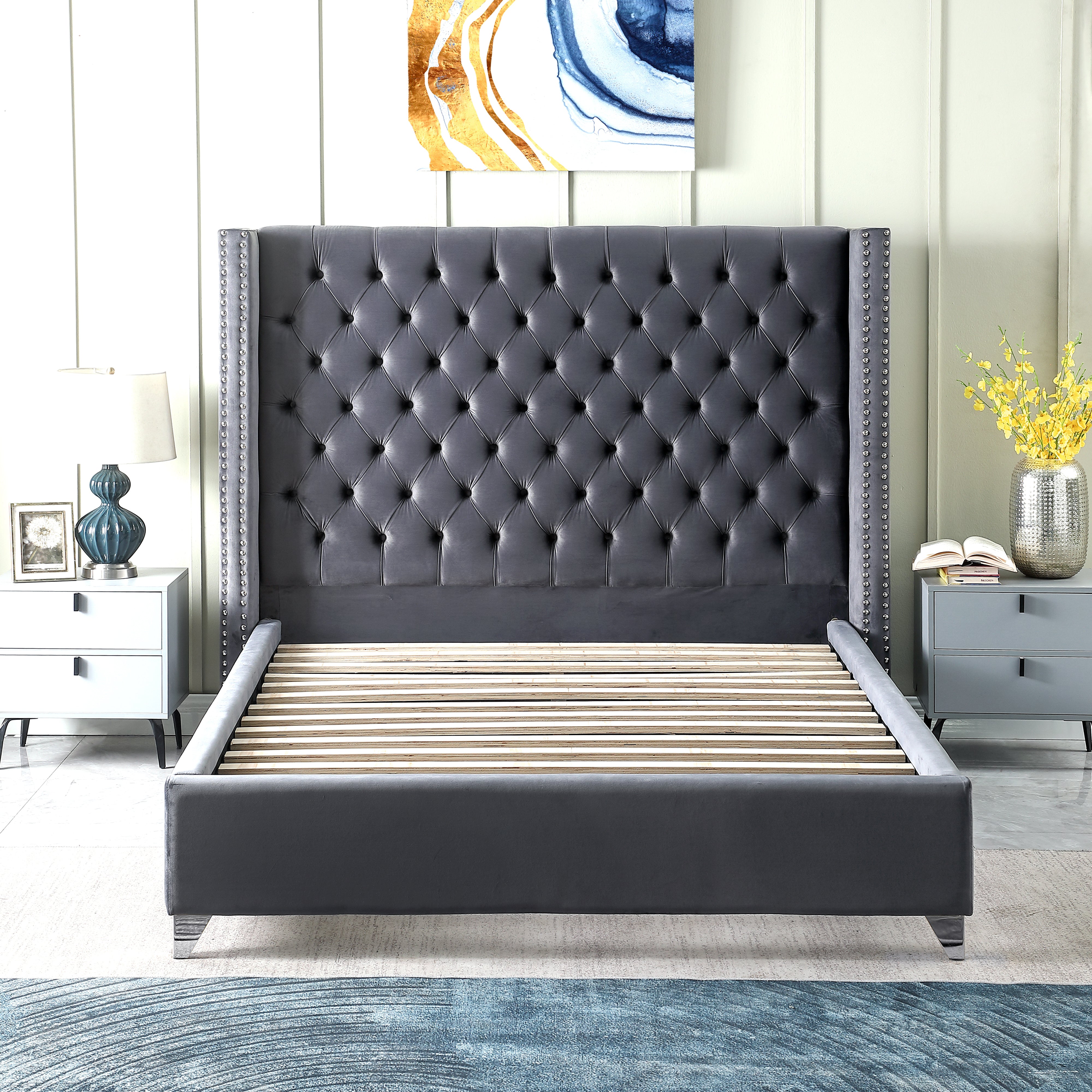 Contemporary Velvet Upholstered Bed with Deep Button Tufting, Solid Wood Frame, High-density Foam, Silver Metal Leg, King Size