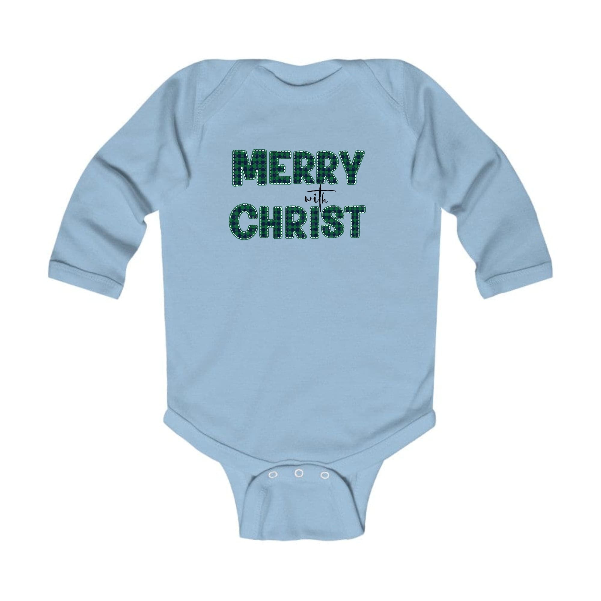 Infant Long Sleeve Graphic T-shirt Merry With Christ, Green Plaid