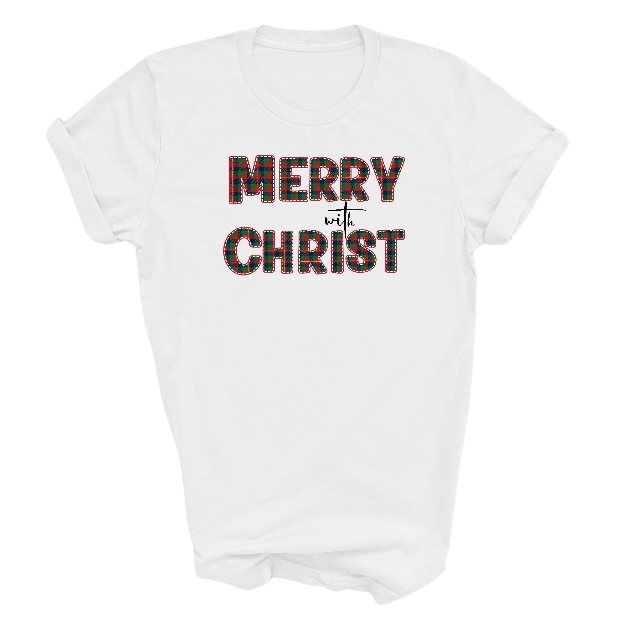 Graphic Tee T-shirt Merry With Christ, Red And Green Plaid Christmas