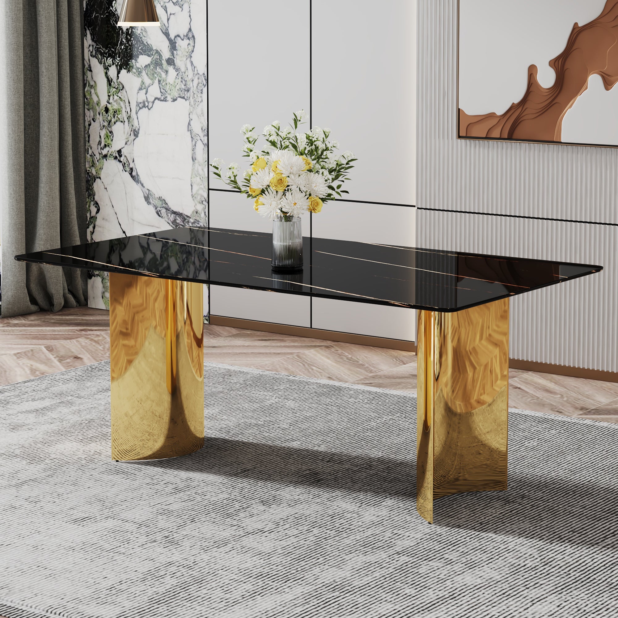 Modern minimalist dining table. The black patterned glass desktop is equipped with golden metal legs. Suitable for restaurants and living rooms 71" *39.3" *29.5" DT-69