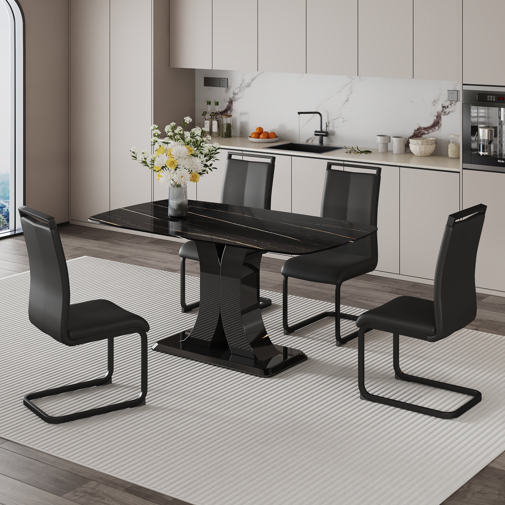 A modern minimalist dining table with four chairs. Black imitation marble desktop with MDF legs.4 dining chairs with black PU backrest cushions and black metal legs.Table size 63 "* 35.4" * 30"