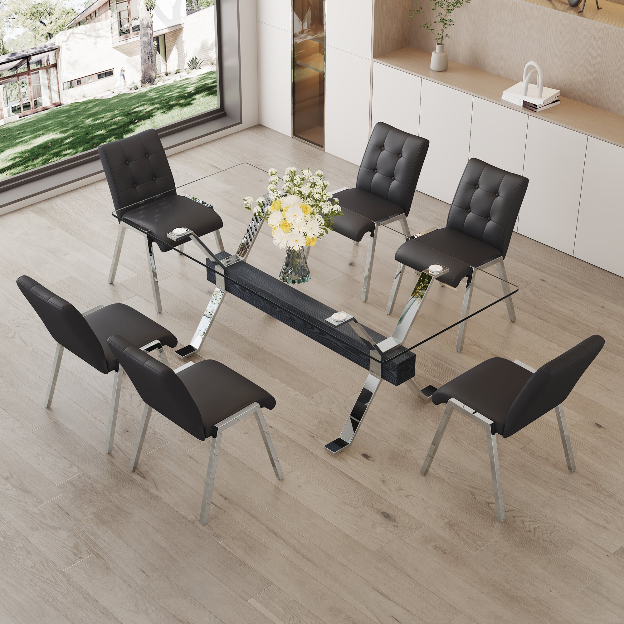 Table and chair set, suitable for home and office use. Glass desktop with silver metal legs and MDF crossbar, paired with black checkered armless high back dining chairs(1 table and 6 chairs)1105 0809