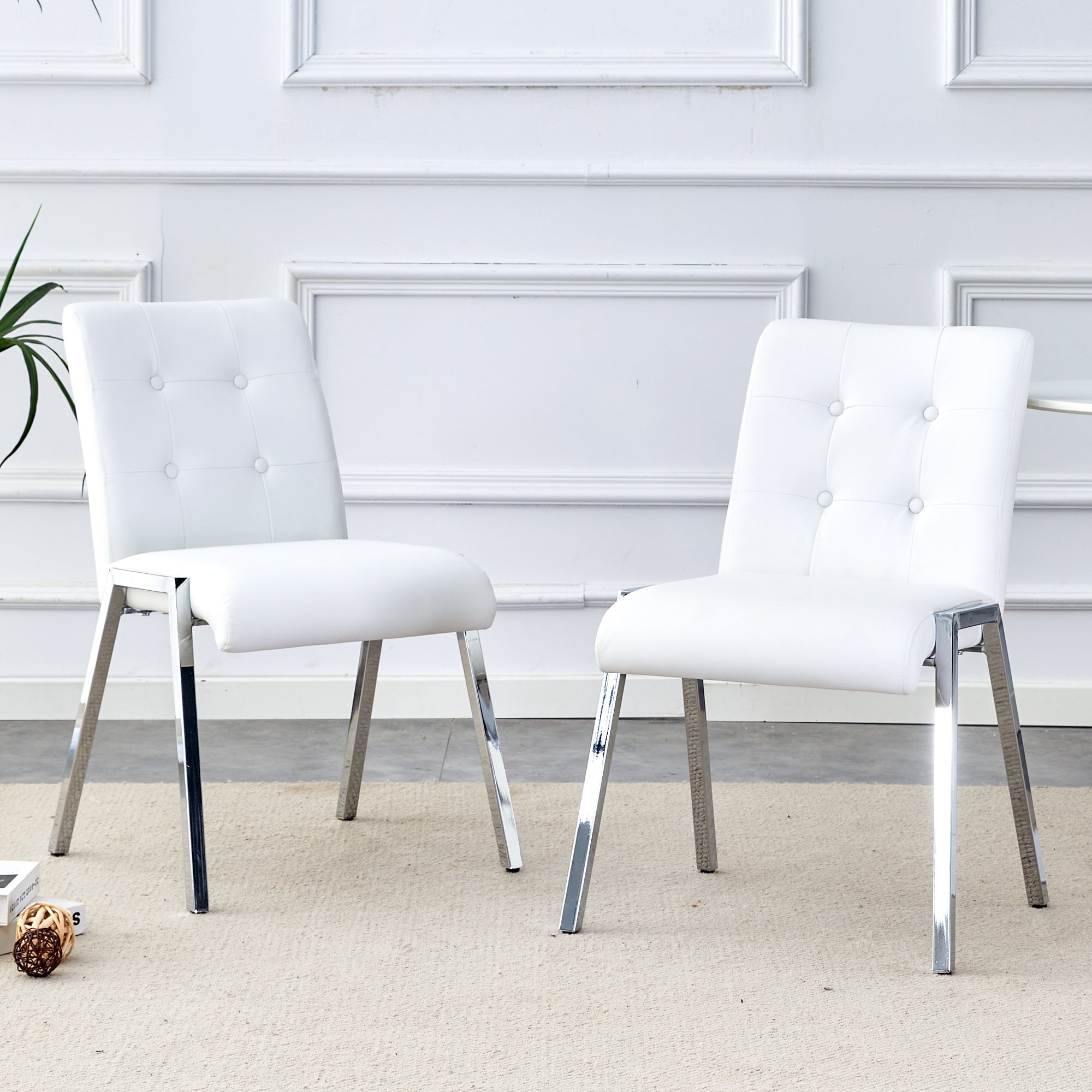 Grid shaped armless high back dining chair,2-piece set, office chair. Applicable to dining room, living room, kitchen and office.White Chair and Electroplated metal leg XS-0809