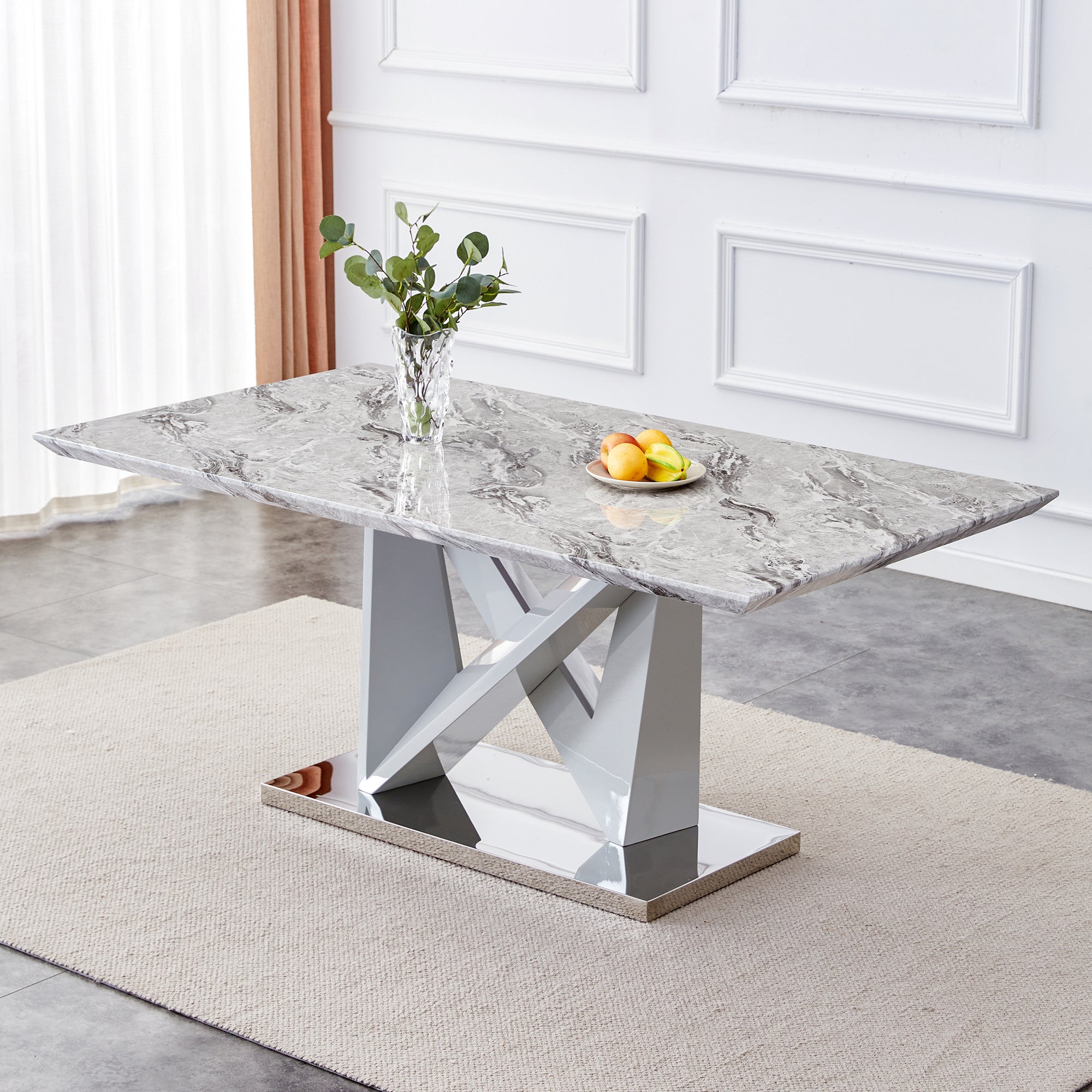 Modern Grey MDF Faux Marble Dining Table with White Double V-Shaped Supports and Plating Metal Base - Spacious, Easy to Clean, Perfect for 6-8 People. F-VV