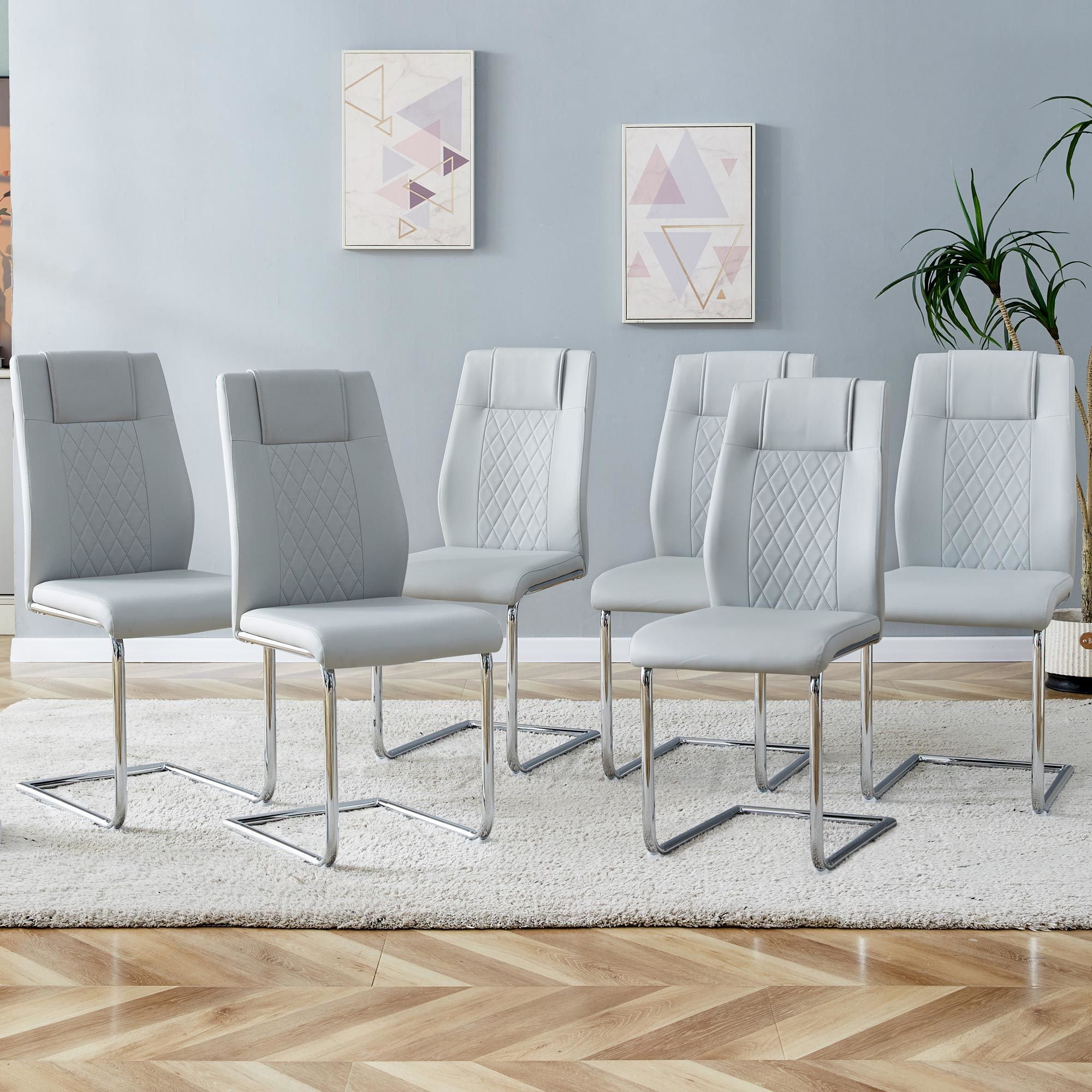 Equipped with faux leather cushioned seats - living room chairs with metal legs, suitable for kitchen, living room, bedroom, and dining room side chairs, set of 6 (light gray+PU Leather)