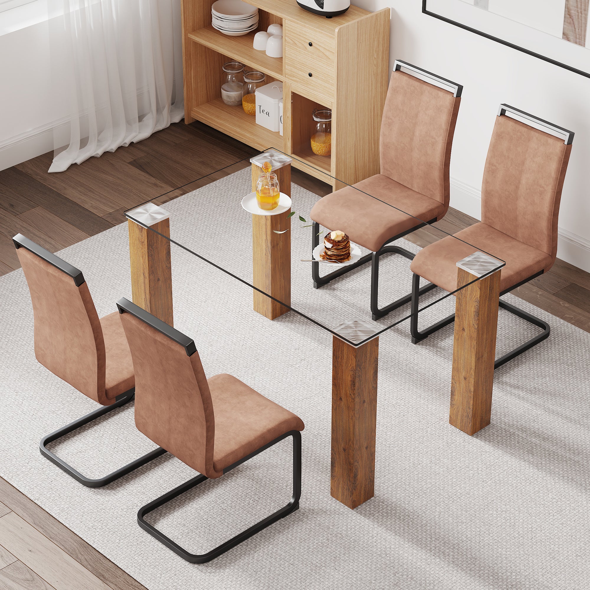 Table and chair set, 1 table and 4 chairs. A modern and minimalist rectangular dining table. Glass desktop and wood colar MDF table legs. Paired with brown chairs X05 C-1162