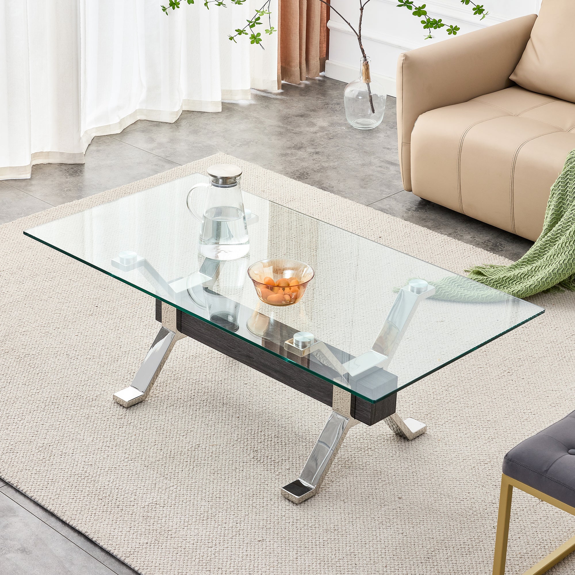 Tea table.Dining Table.Contemporary Tempered Glass Coffee Table with Plating Metal Legs and MDF Crossbar, For Home and Office.B-902