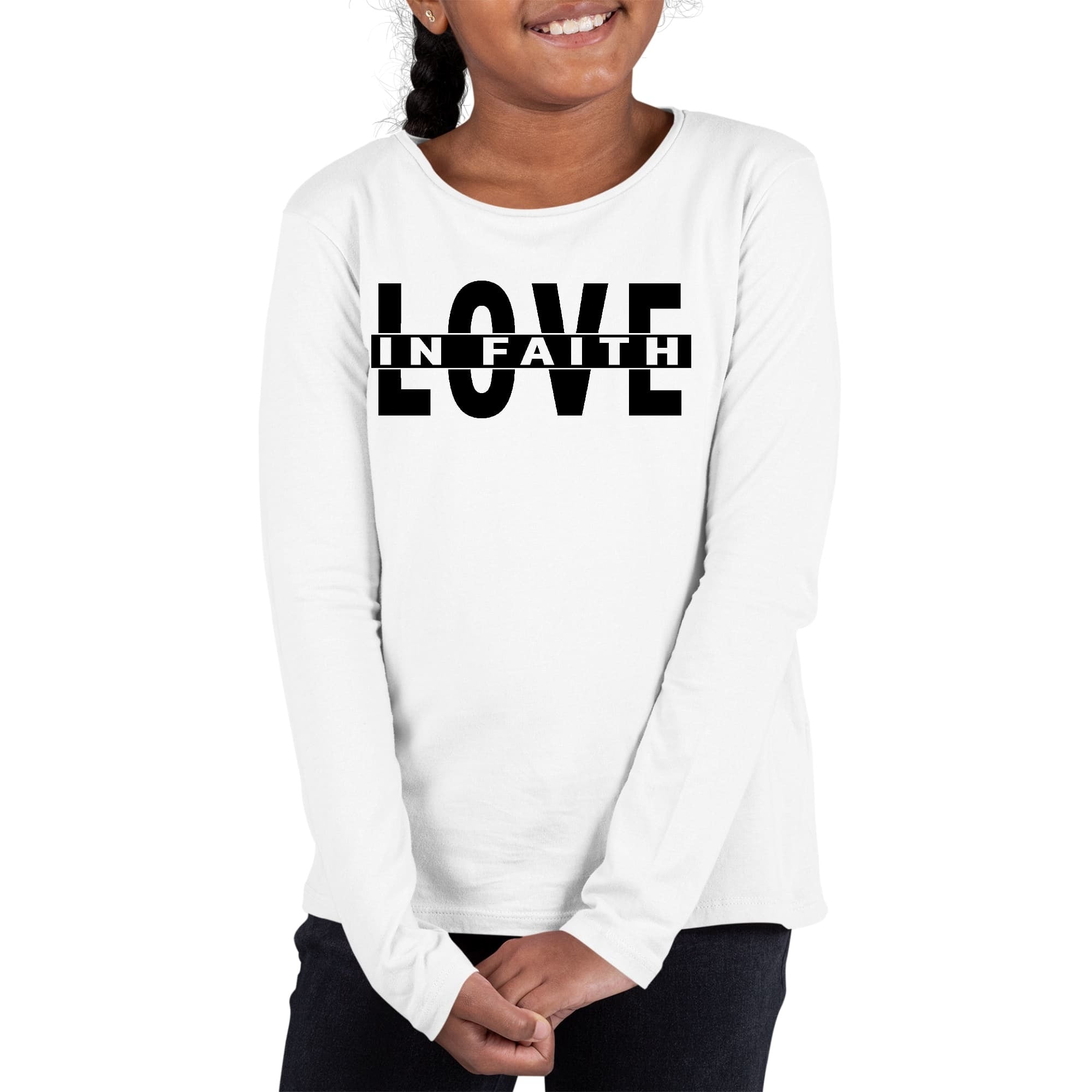 Girls Graphic T-shirt, Love In Faith Black Illustration