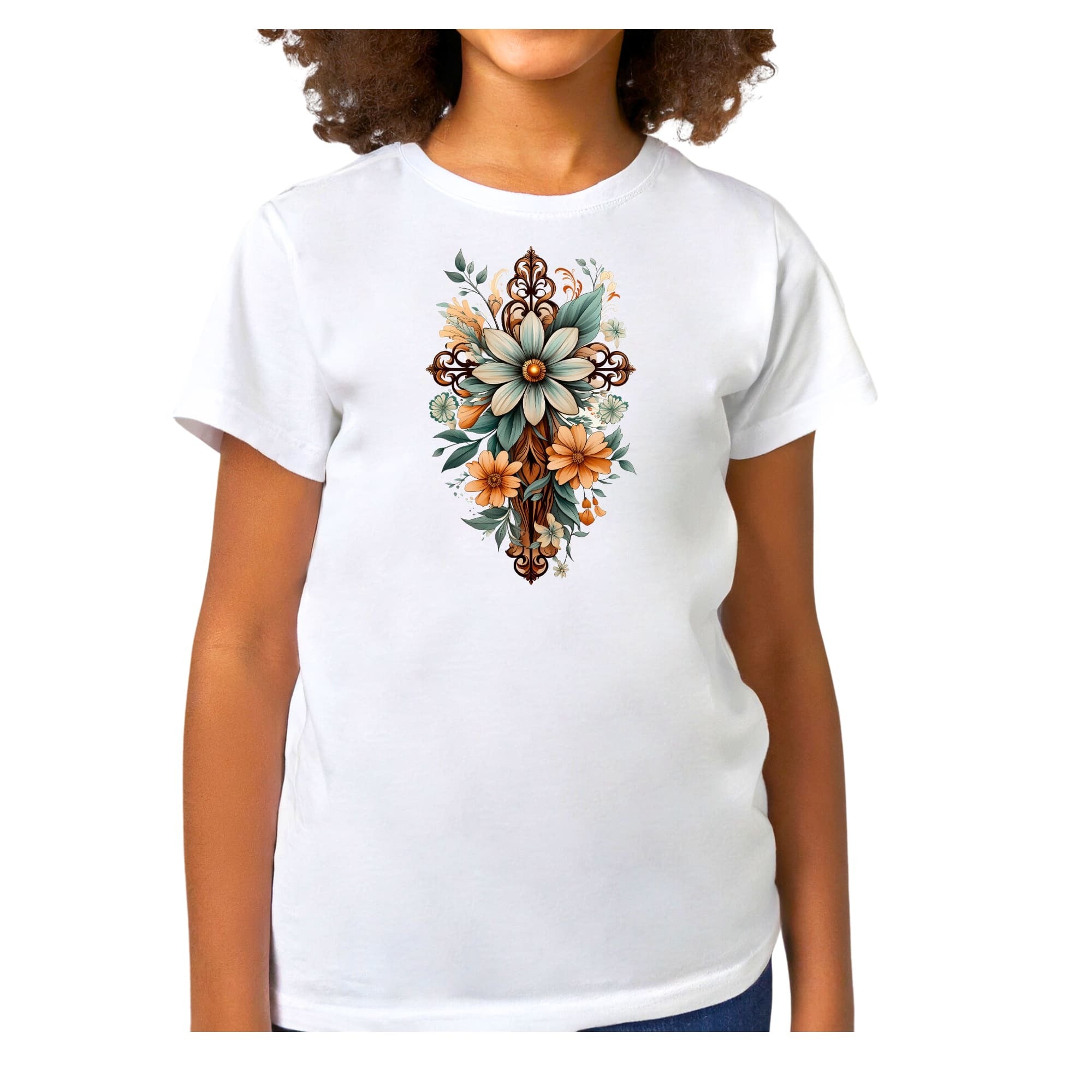 Girls T-shirt Green Brown Christian Cross Floral Bouquet Illustration