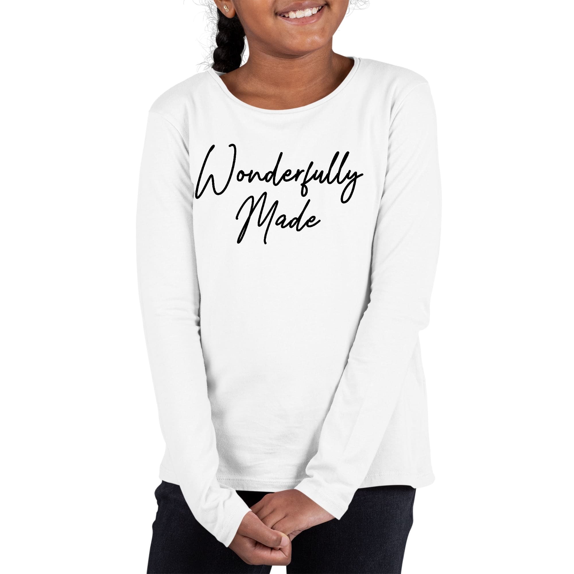 Girls Graphic T-shirt, Wonderfully Made Black Illustration