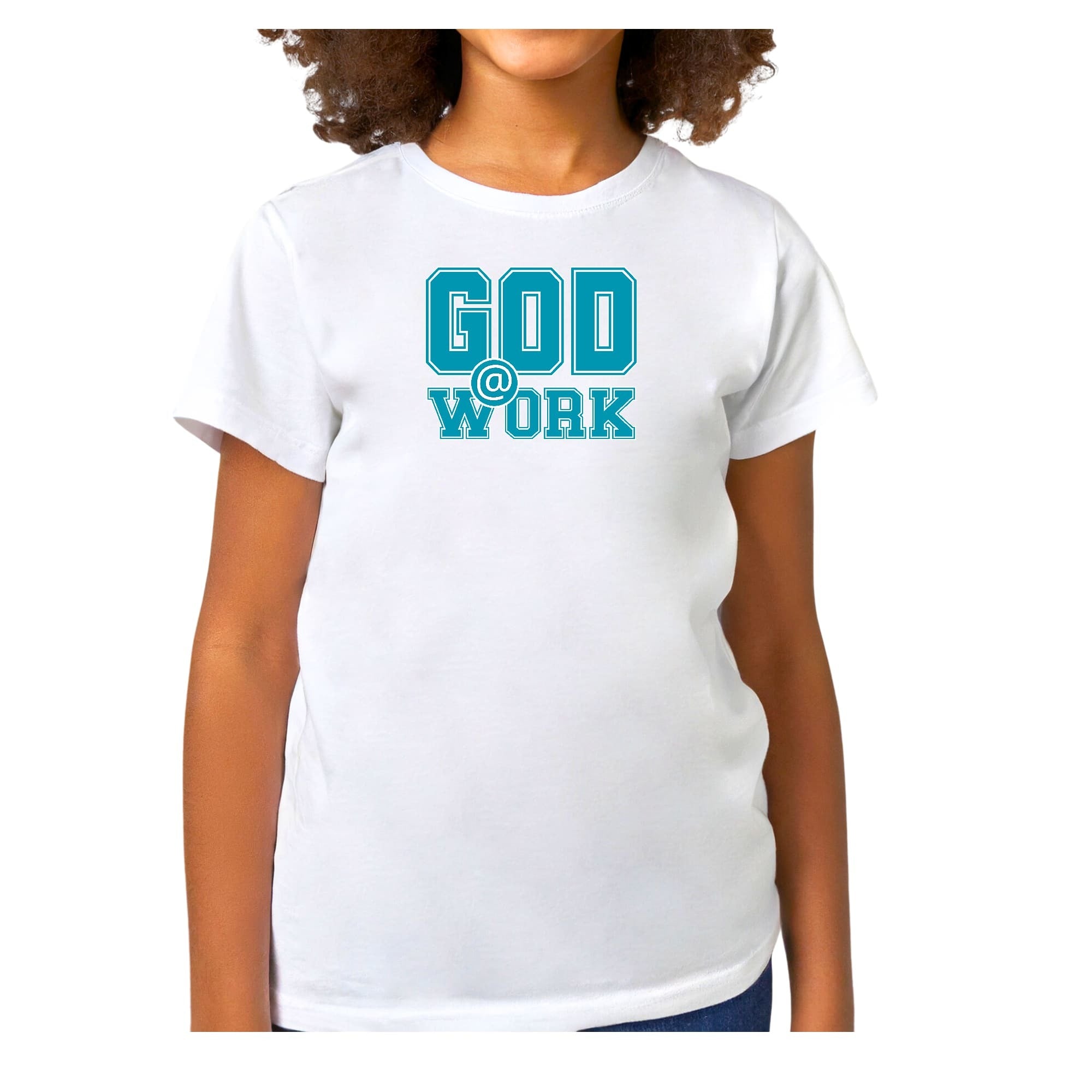 Girls T-shirt God @ Work Blue Green And White Print
