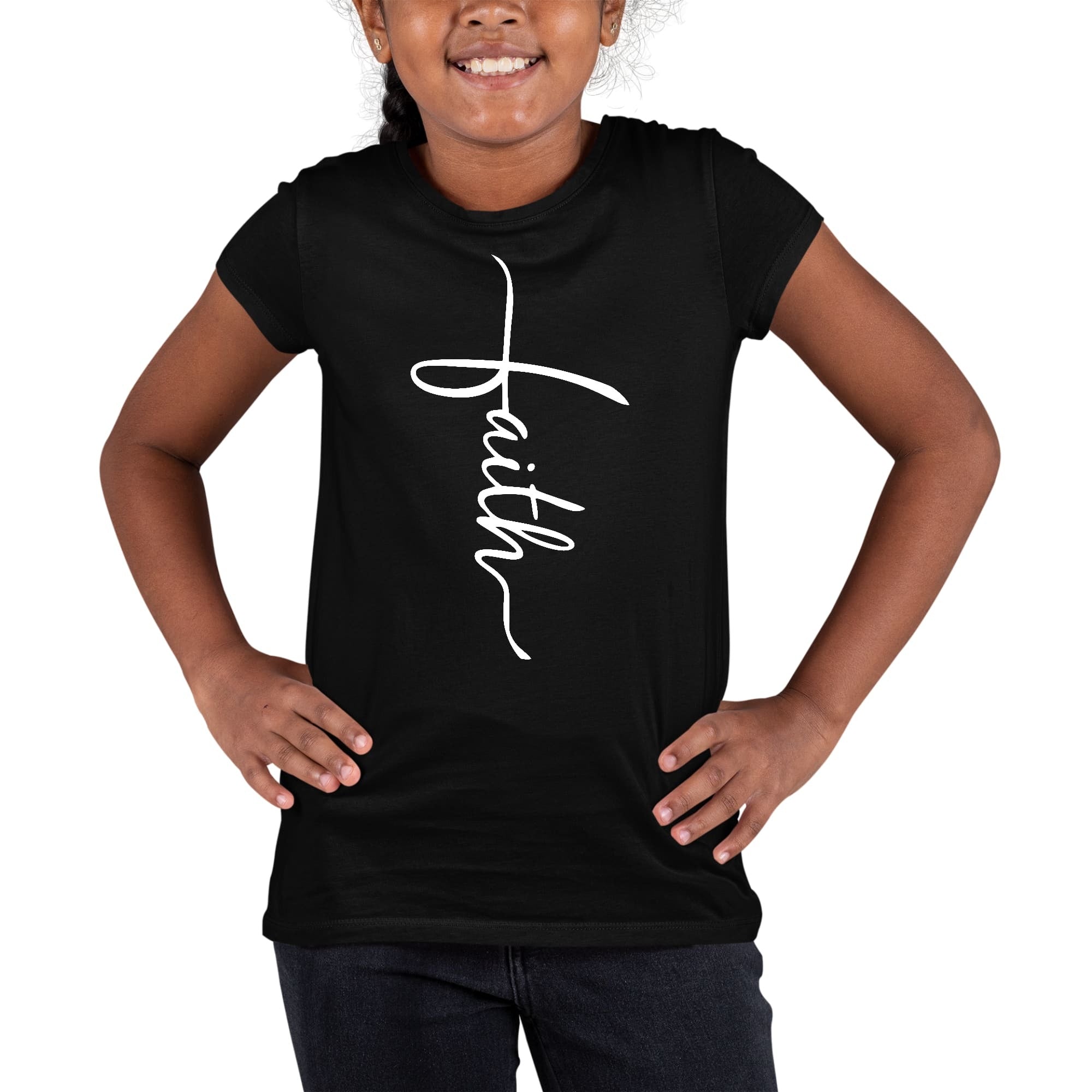 Girls T-shirt Faith Script Cross Illustration